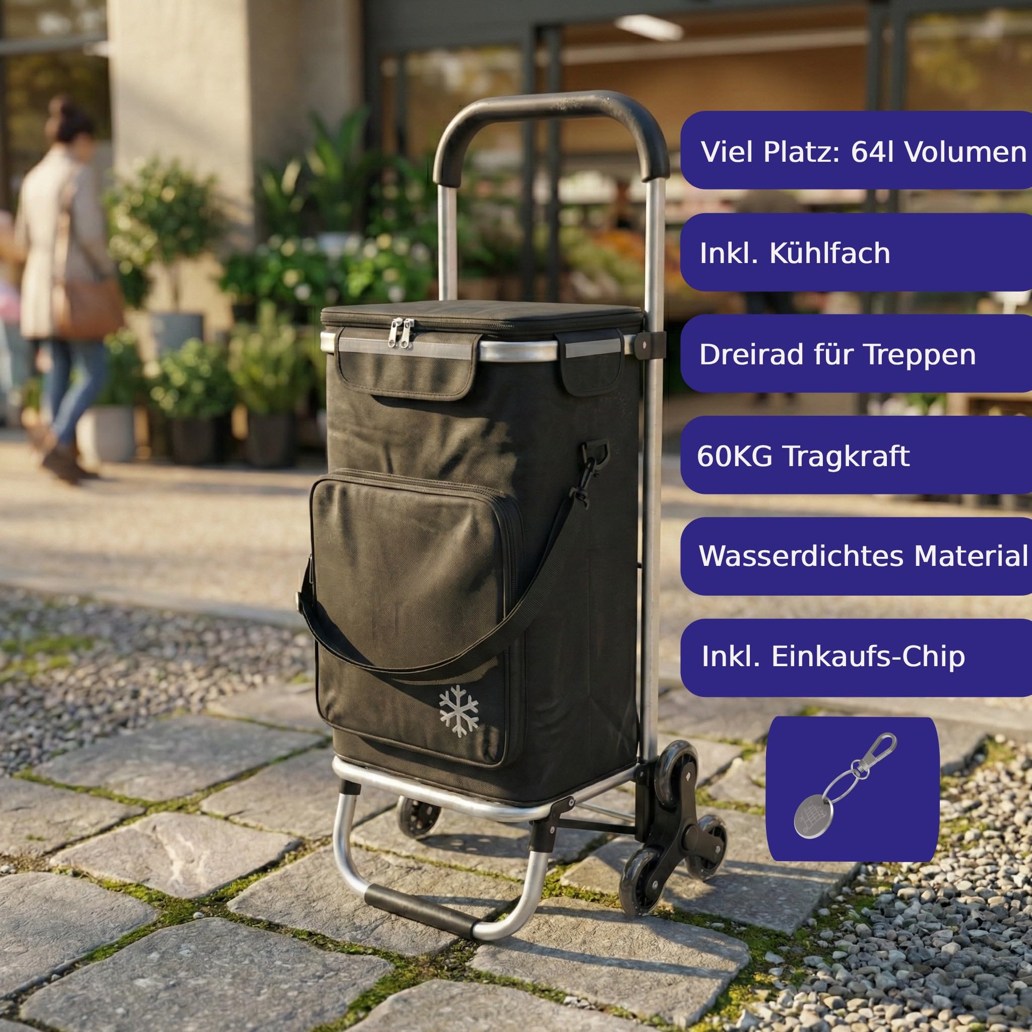 Einkaufstrolley Treppensteiger 64L groß, Einkaufswagen mit Dreirad klappbar, Trolley mit Kühlfach bis 60kg, Einkaufstasche mit Rollen und Reflektor, Handwagen schwarz