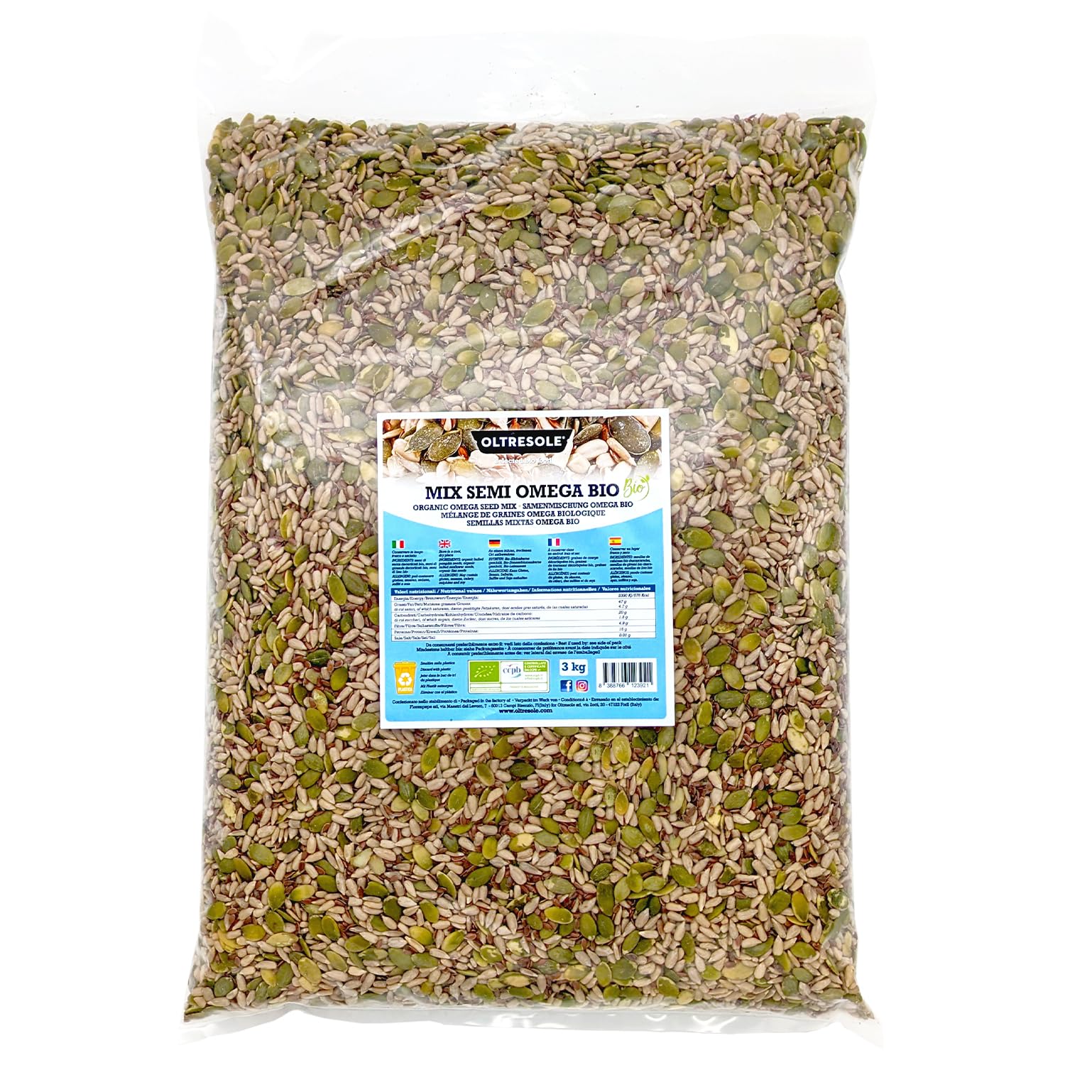 Oltresole, Organic Omega Seed Mix 3 kg (Pumpkin, Sunflower and Flax Seed Mix), Mélange de 3 graines grasses crues et entières, riches en protéines, fibres et oméga-3, idéal pour les salades