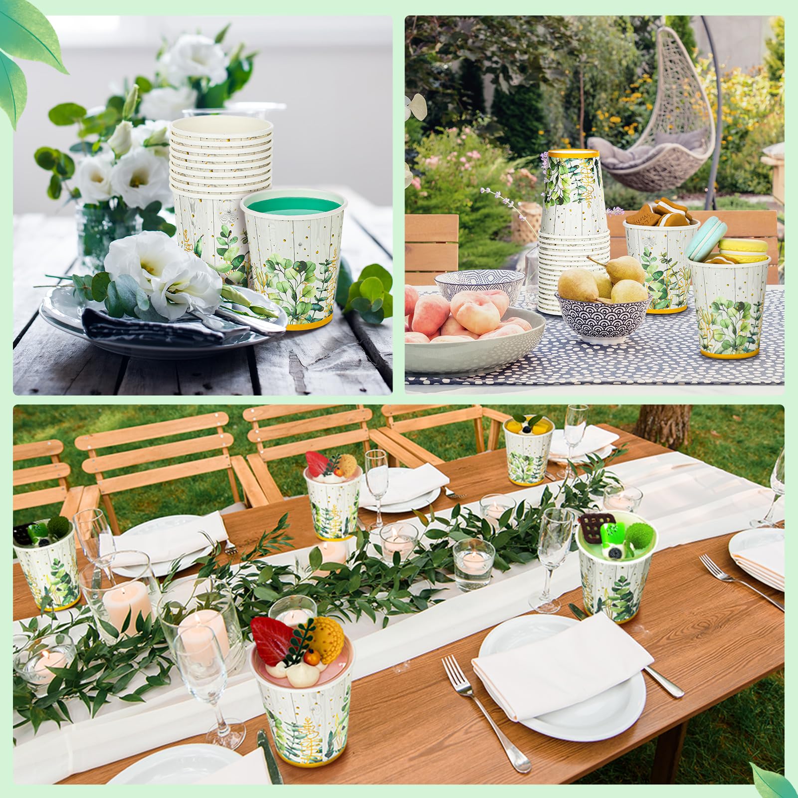 Einweg-Kaffeetassen Mit Deckel & Hülle – Salbeigrün Mit Blumenmuster, 48 Sets