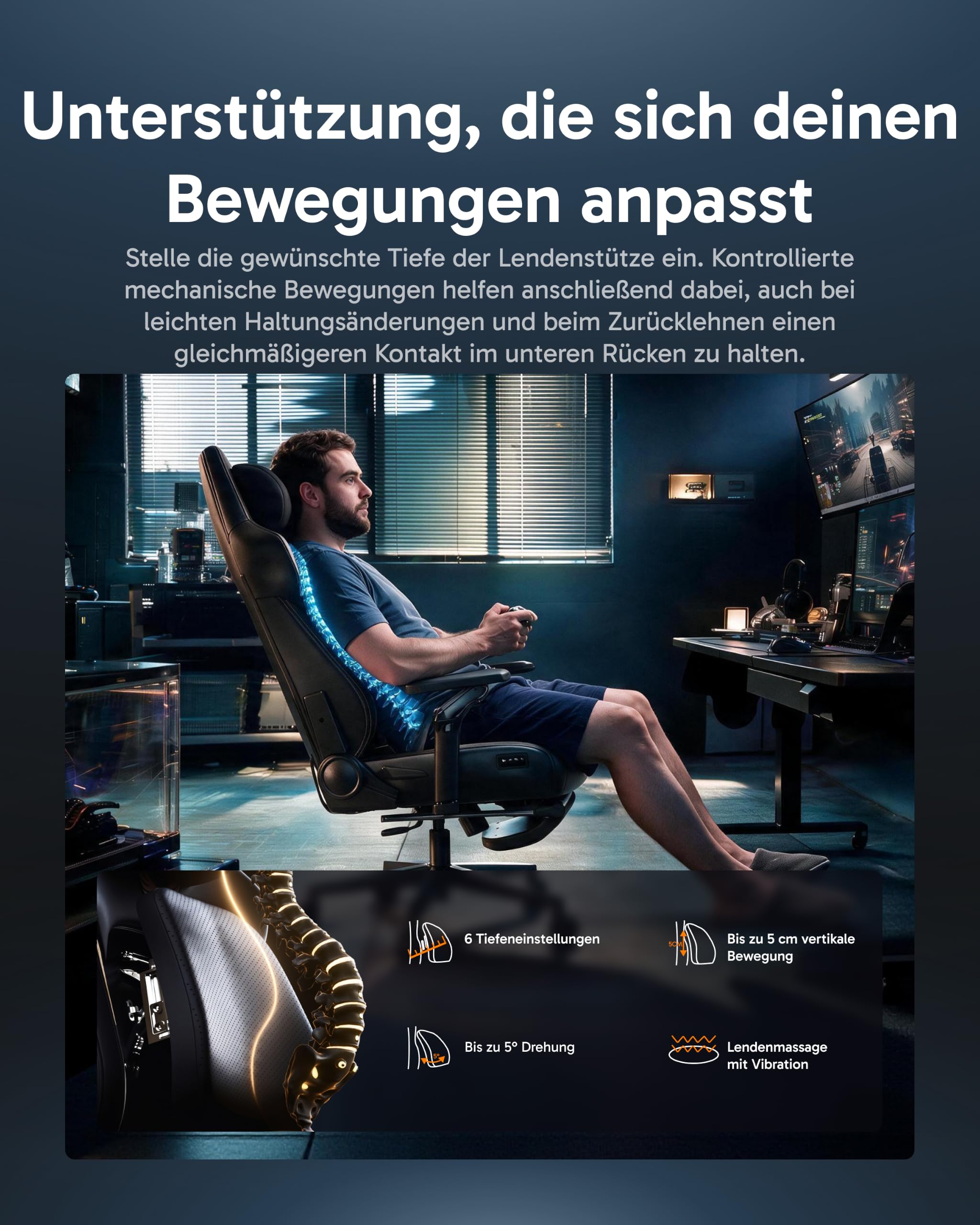 AutoFull M6 Ultra 2.0 Gaming Stuhl mit dynamischer Lordosenstütze, Kühlung und Heizung, Dual-Zonen-Massage, 160° Rückenlehne, Fußstütze… – Ansicht 4