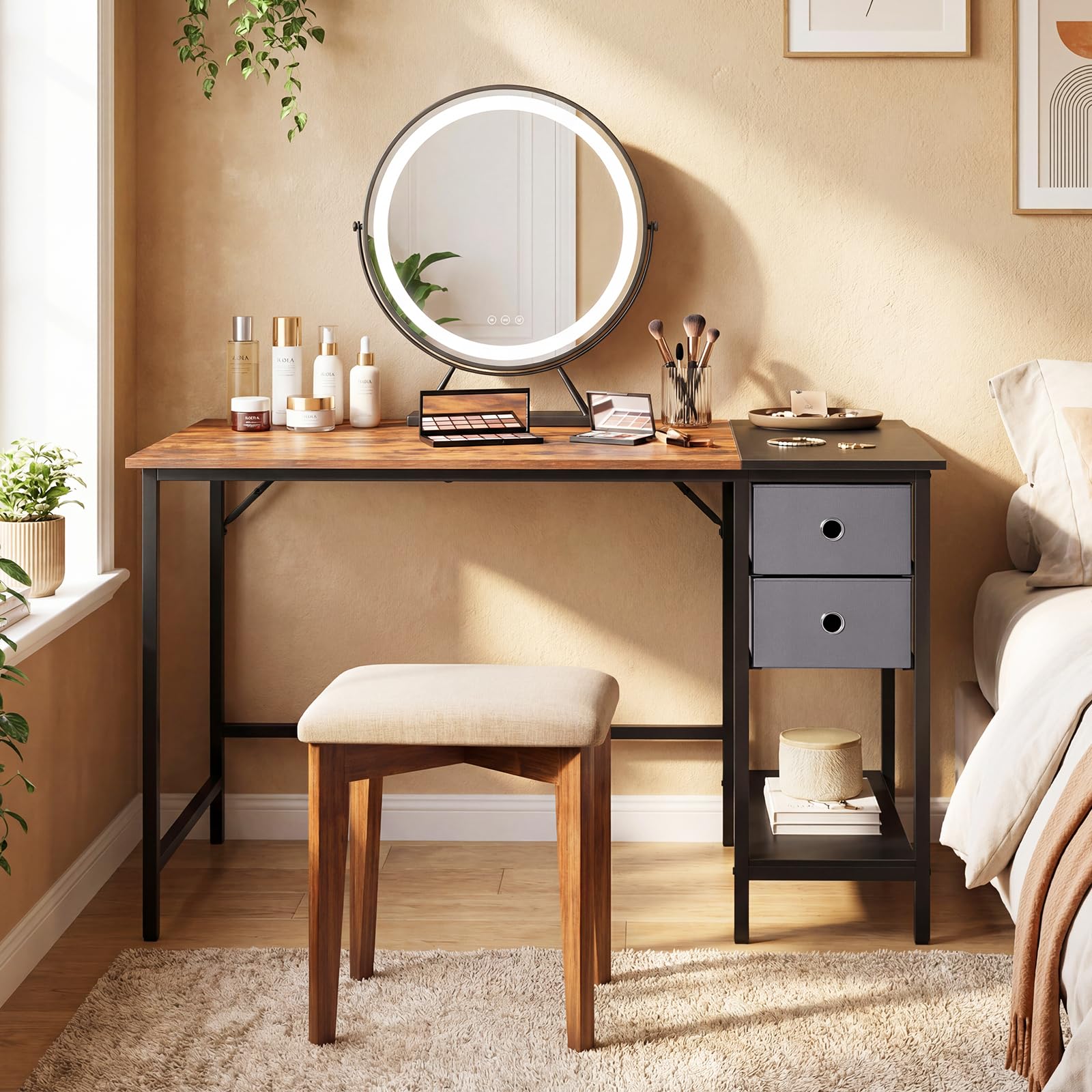 COSTWAY Scrivania per Computer, 120 x 60 x 75 cm, Scrivania Ufficio con 2 Cassetti e Ripiano, Tavolo Postazione di Lavoro, Studio e Lettura, Scrittoio Salvasapzio in Legno e Metallo (Marrone)