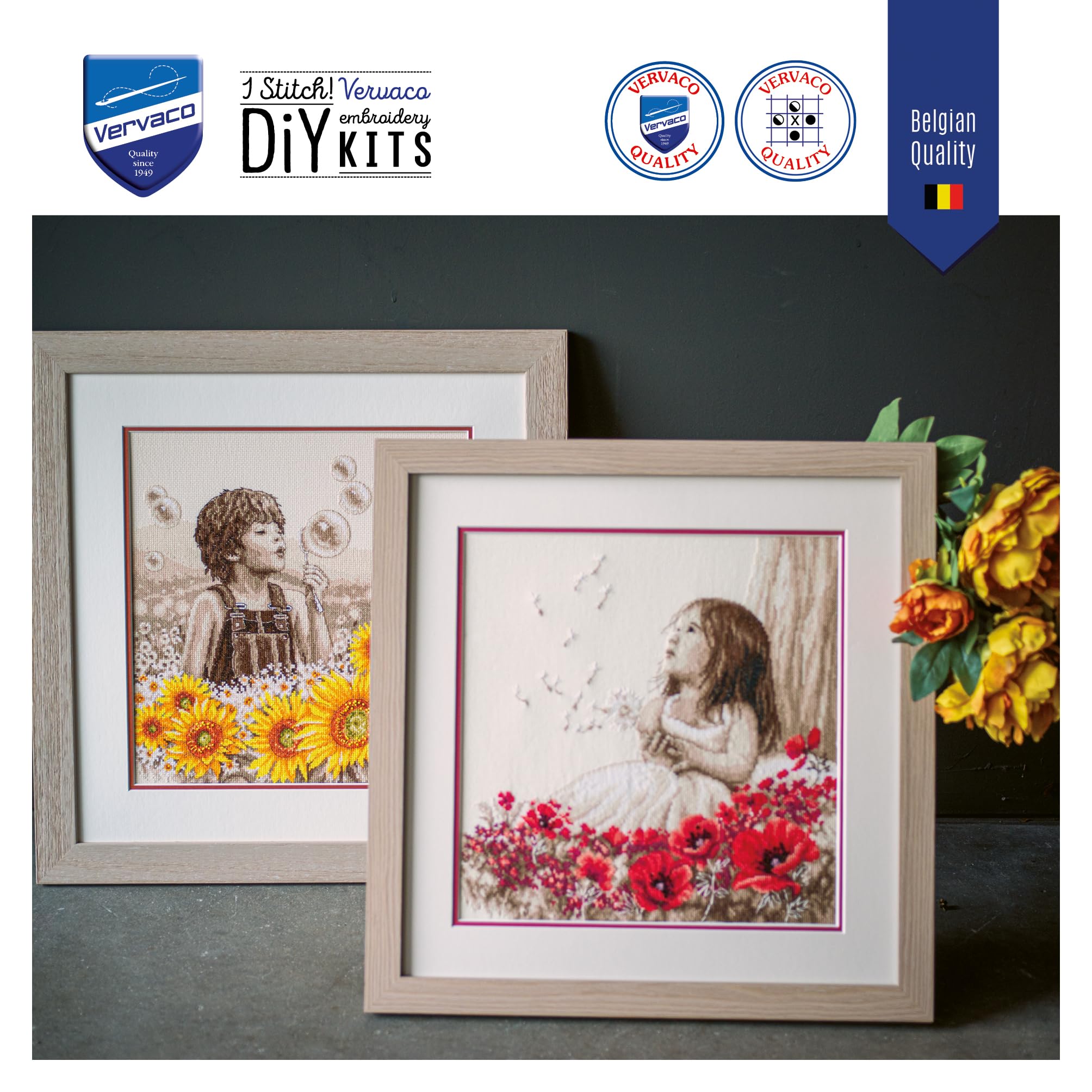 VERVACO Haft Krzyżykowy Liczony Zestaw Obraz do Haftu CHŁOPIEC ZE SŁONECZNIKAMI Zrób to Sam Zestaw Kreatywny dla Dorosłych 33 x 33 cm Dekoracja Ścienna DIY Cross Stitch Kit