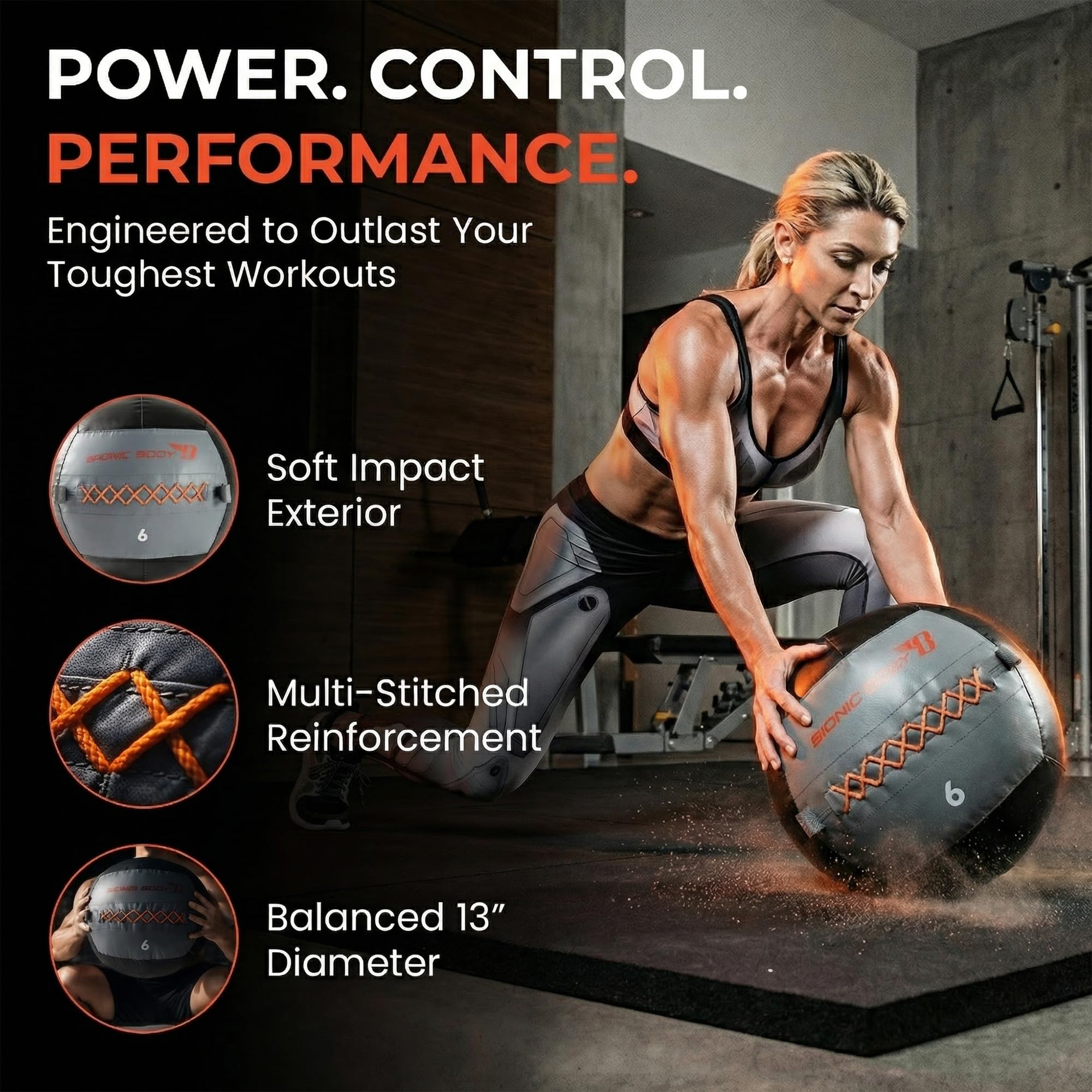Bionic Body Soft Medicine Ball Weighted Slam Wall Ball for Cardio Workout and Core Training Ideal for Squat, Lunge, and Partner Toss 6, 10, 14, 20 LB.