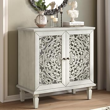 Antique White Sideboard Buffet Accent Cabinet with 2 Carved Doors