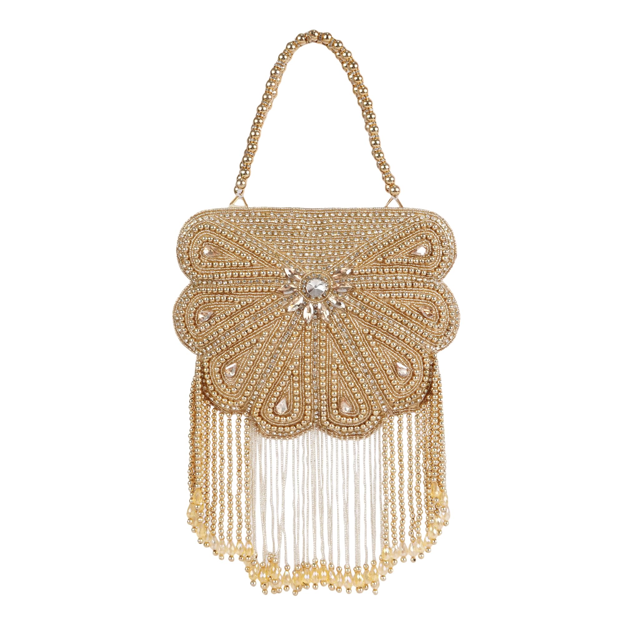 Silk Fabric Pearl Beaded Handbag for Women | Bridal & Festive Clutch with Crystal Embellished Flap & Pearl Fringe | Wedding Ethnic Purse-image-37