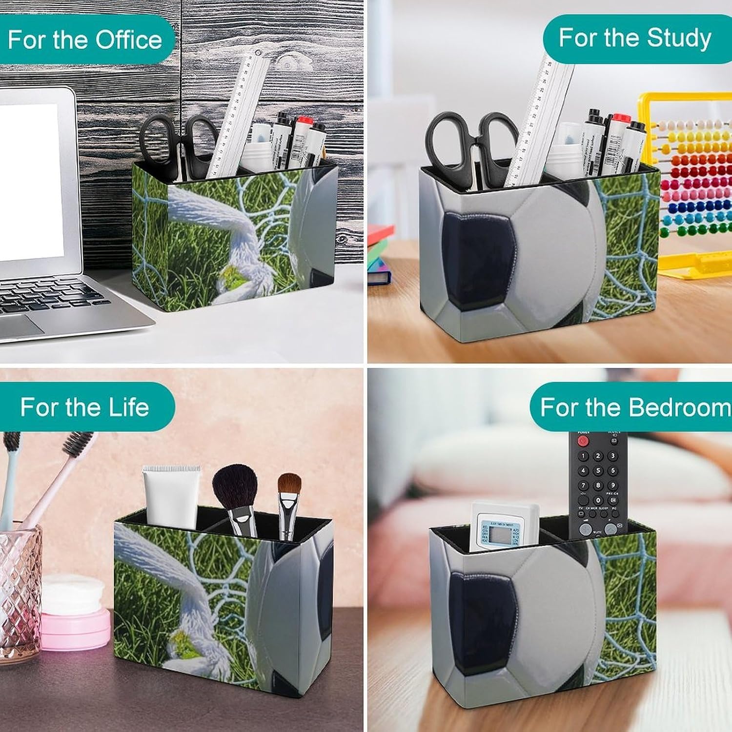Pen Holder for Desk PU Leather Storage Organizer Pen Cup Pencils Organizer Cool Soccer Ball Pencil Container Desk Accessories Desktop Storage Makeup Brush Holders Pencil Caddy for Office Supplies image 4