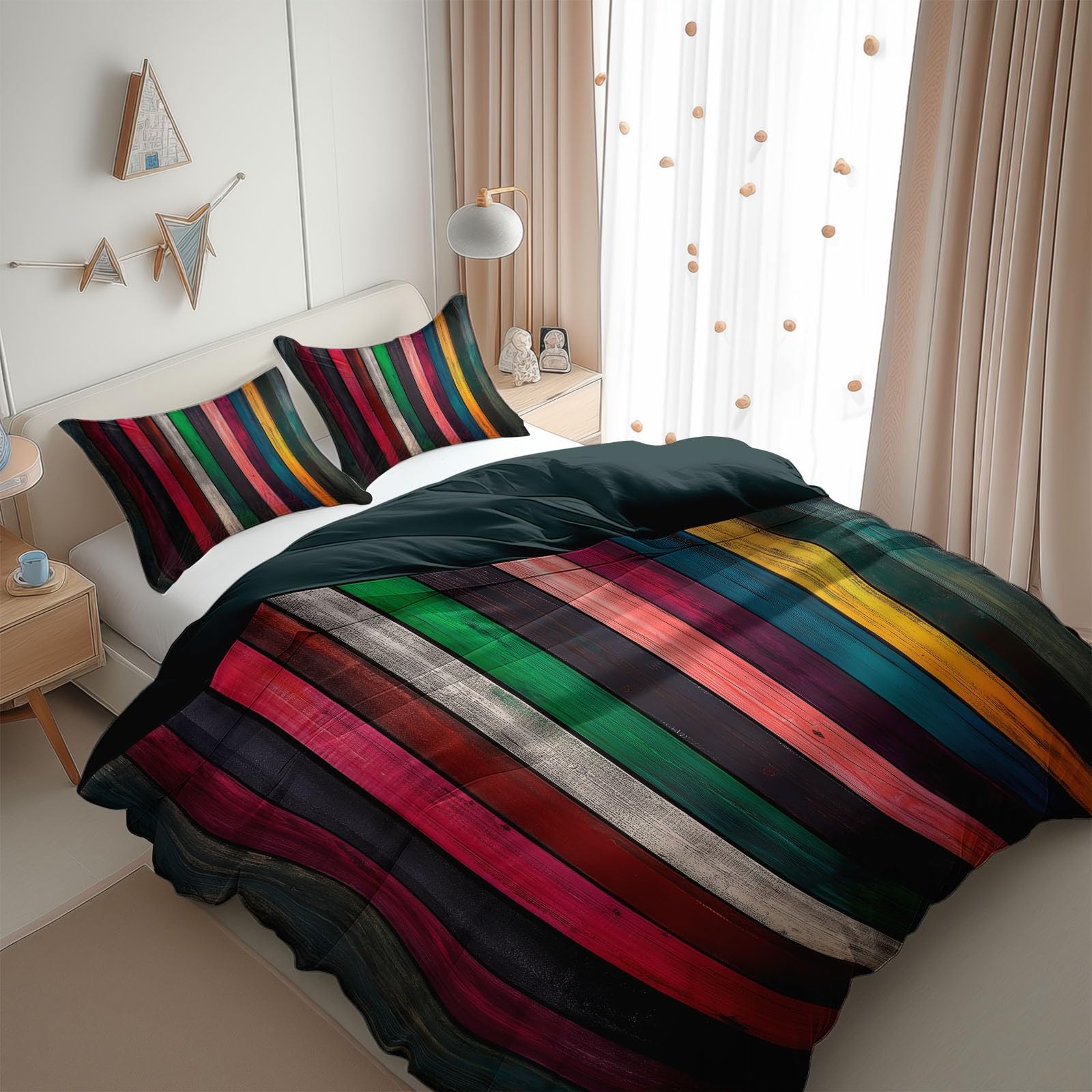 Komplet pościeli 155 x 220 cm, kolorowa struktura drewna, z poliestru 3D, zestaw pościeli, miękka, oddychająca, z 2 poszewkami na poduszkę 80 x 80 cm, na wszystkie pory roku
