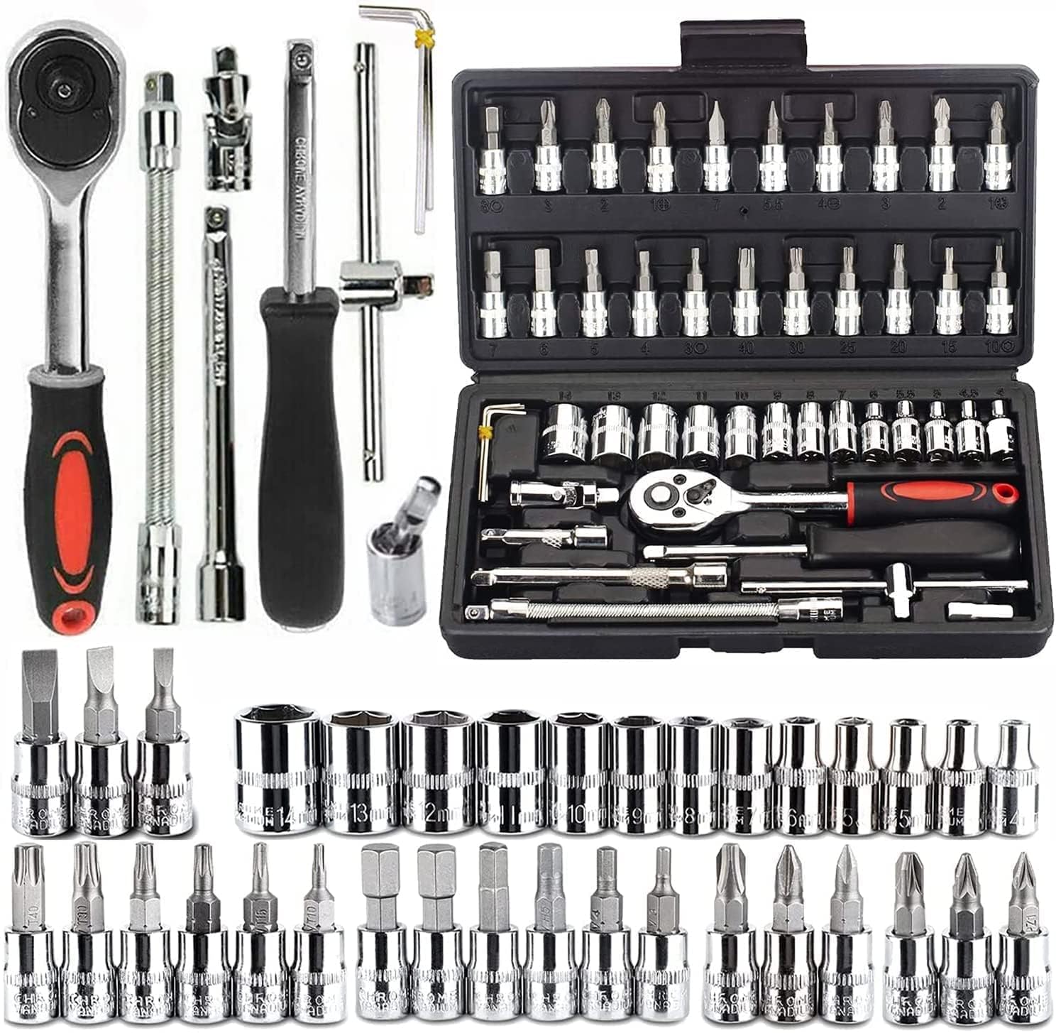 46 In 1 Pcs Torx Tool Kit & Screwdriver & 1/4'' Square Drive Metric Socket Set Extension Bar And Adapter For Bike, Car Repairs (46-Pieces)
