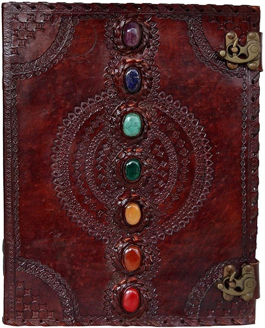 Seven Chakra Medieval Stone Embossed Handmade Jumbo Leather Journal Book of Shadows Notebook Office Diary College Poetry Sketch (Brown, 13 Inches)