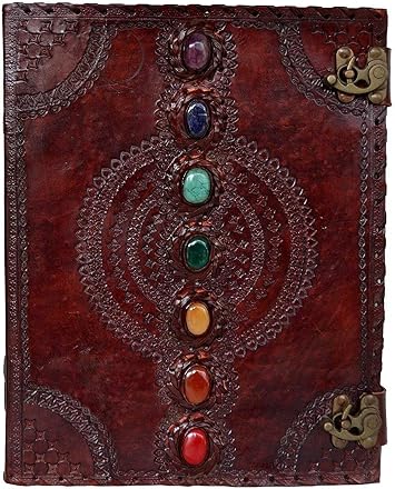 Seven Chakra Medieval Stone Embossed Handmade Jumbo Leather Journal Book of Shadows Notebook Office Diary College Poetry Sketch Brown, 13 Inches