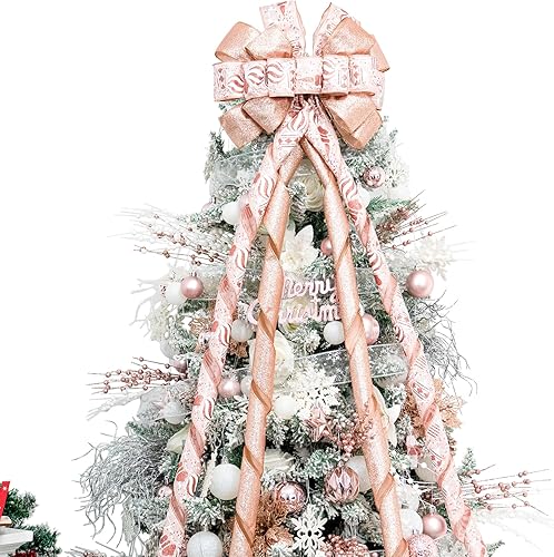 Hismir Decoración para árbol de Navidad con lazo de purpurina de 53 x 13 pulgadas con serpentina de cinta, copo de nieve rosa y dorado rosa
