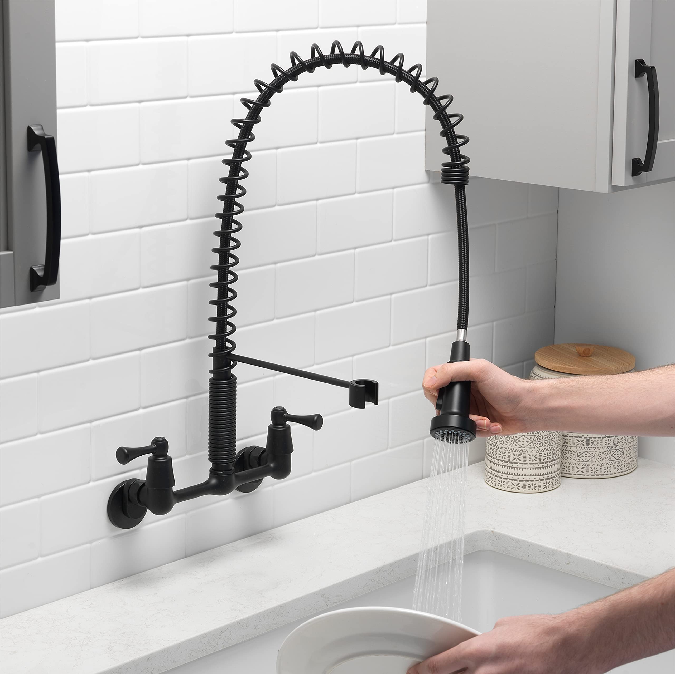 tosca 255-K821-MB-T - Grifo de cocina de doble mango mejorado de estilo comercial con boquilla extraíble, negro mate