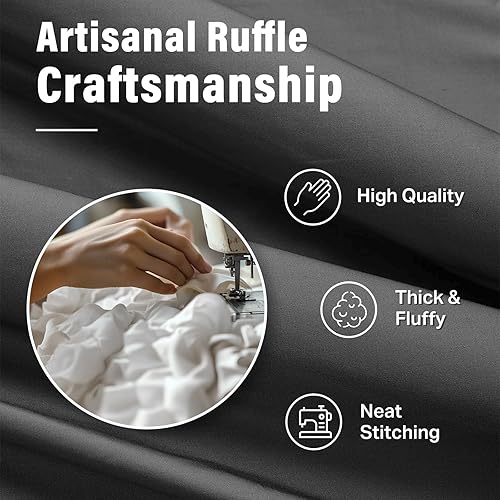 Miniatura 2 de Cortina de ducha rústica Seasonwood de granja, cortina de ducha gris con botón, decoración de baño, patrón de cuadros de búfalo negro con volantes