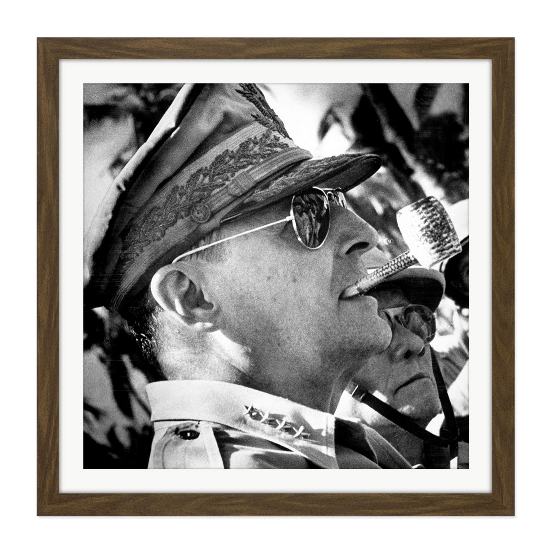 War WWII US General Douglas Dugout MacArthur Pipe Photo Square Wooden Framed Wall Art Print Picture 16X16 Inch