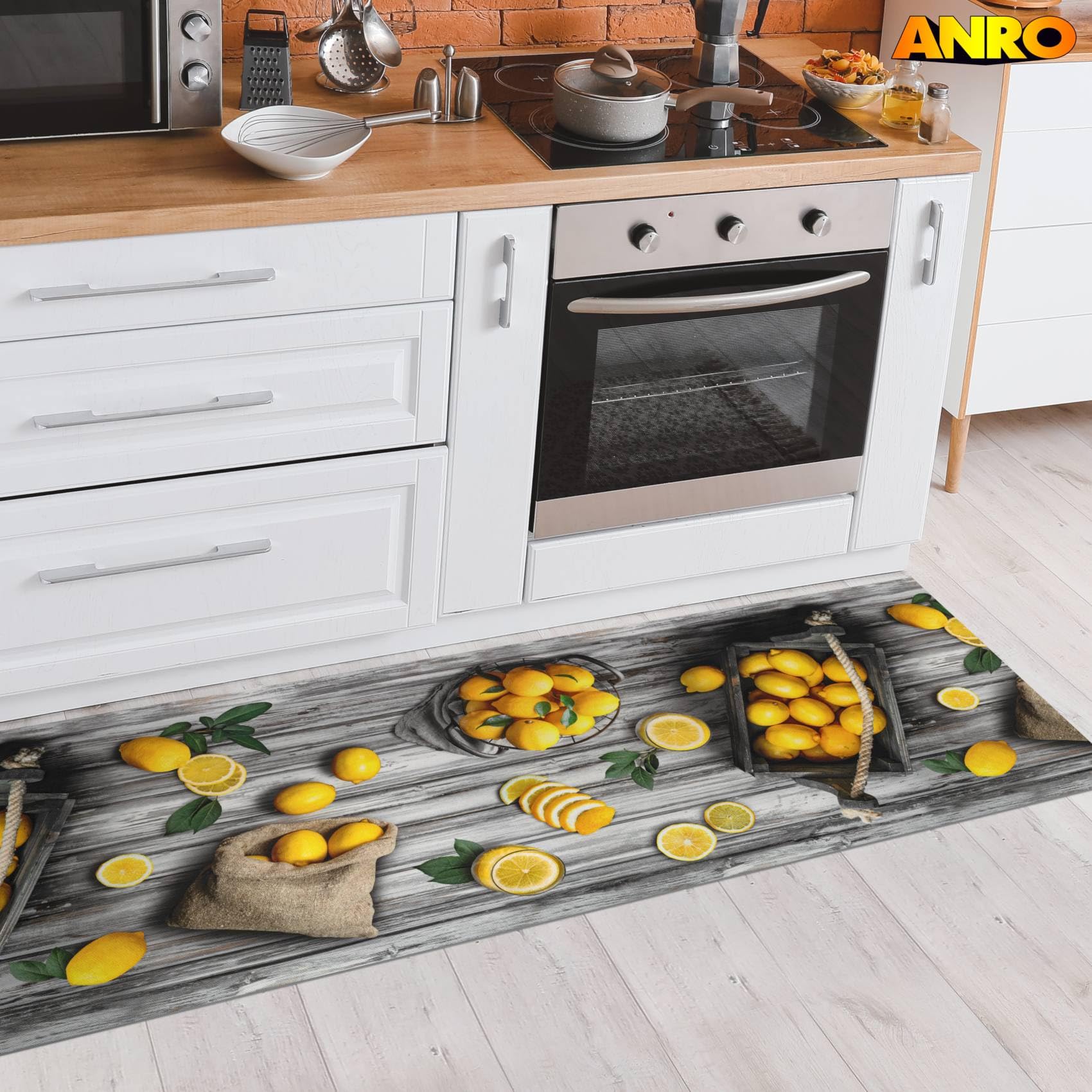 ANRO Küchenläufer Teppichläufer abwaschbar Läufer Flur rutschfest pflegeleicht Zitronen 200 x 52 cm