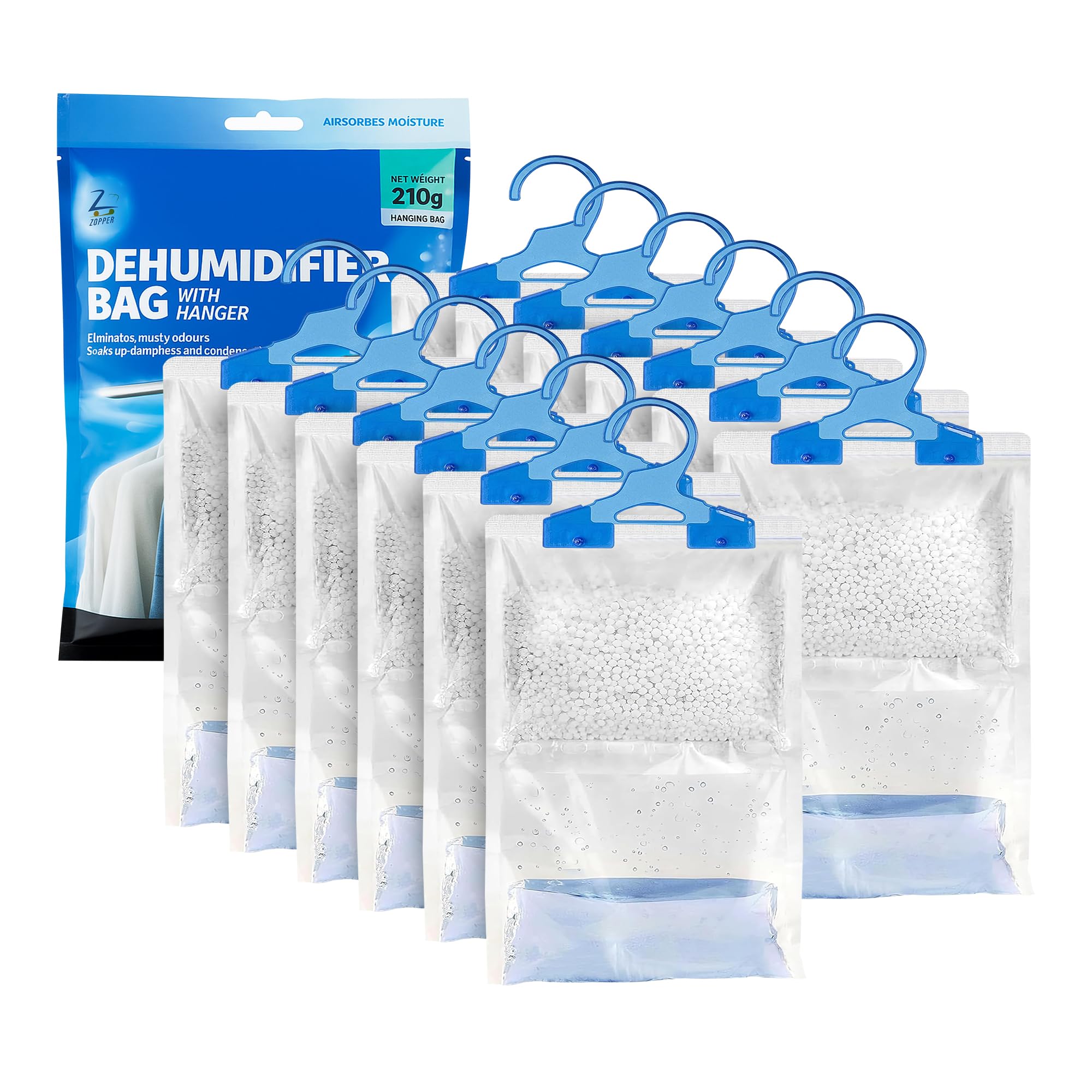 12X Wardrobe Hanging Dehumidifier Bags 210gm Each for Damp, Mildew, Mold Prevention - Moisture Absorber Ideal for Small Spaces, Bedroom, Garage, Kitchen, Office, Caravan