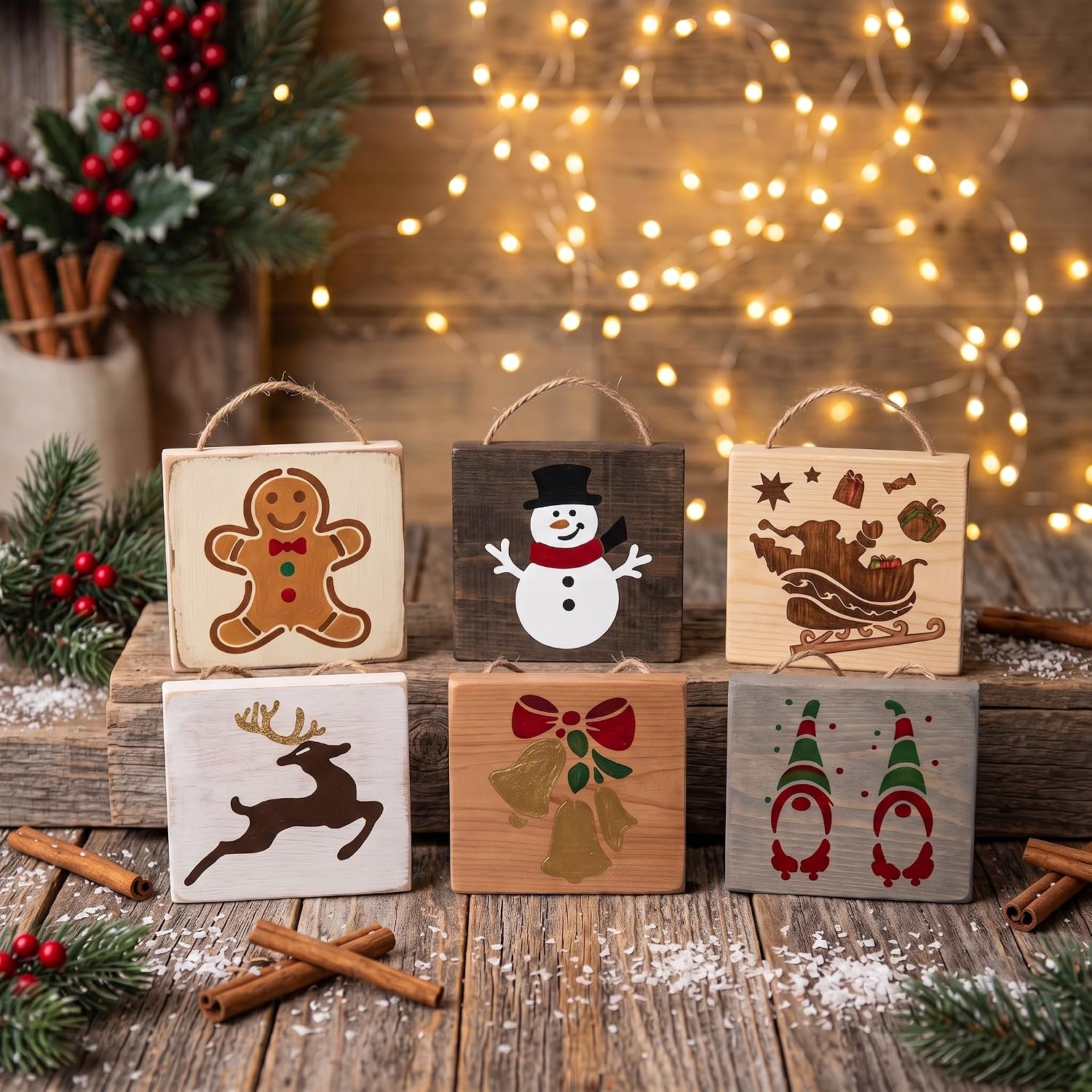 24 Pc Christmas Stencils for Painting on Wood (3 inch) - Holiday and Christmas Stencils Reusable for Crafts, Cards, Kids, Windows –DIY Ornaments, Decorations -Gnome, Tree Stencil – Incl. 4 Wood Slices image 3