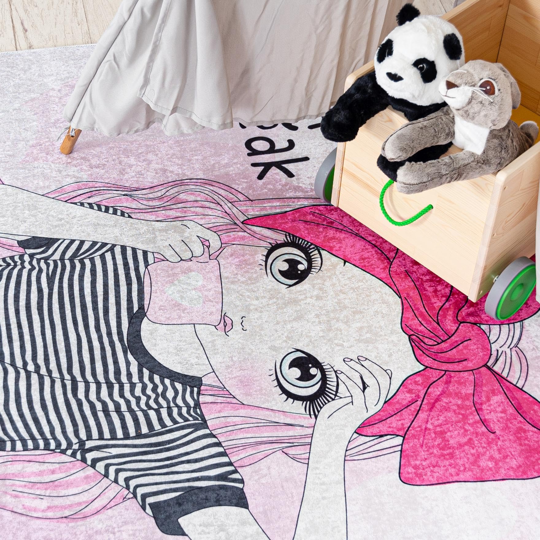 Mazovia Alfombra Infantil Habitación Infantil 80x150cm Antracita Rosa Gato