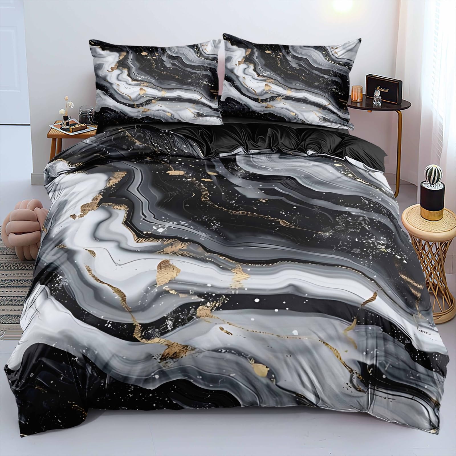 Luowei Bettwäsche 135x200cm Marmor Schwarz Weiß 3D Microfaser Bettwäsche Set Modern Weich Atmungsaktiv Bettbezug 135x200 für Teenager mit Reißverschluss und 1 Kissenbezug 80×80cm