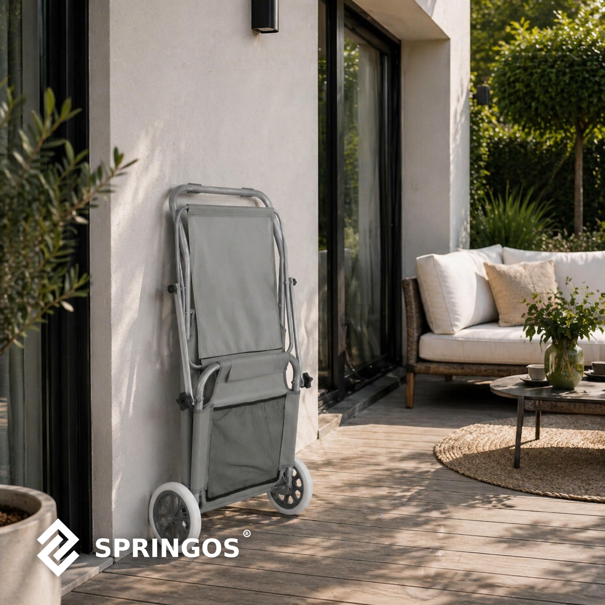 SPRINGOS Lettino prendisole da giardino, con 2 ruote, schienale regolabile in 5 posizioni, poggiatesta, portata fino a 120 kg