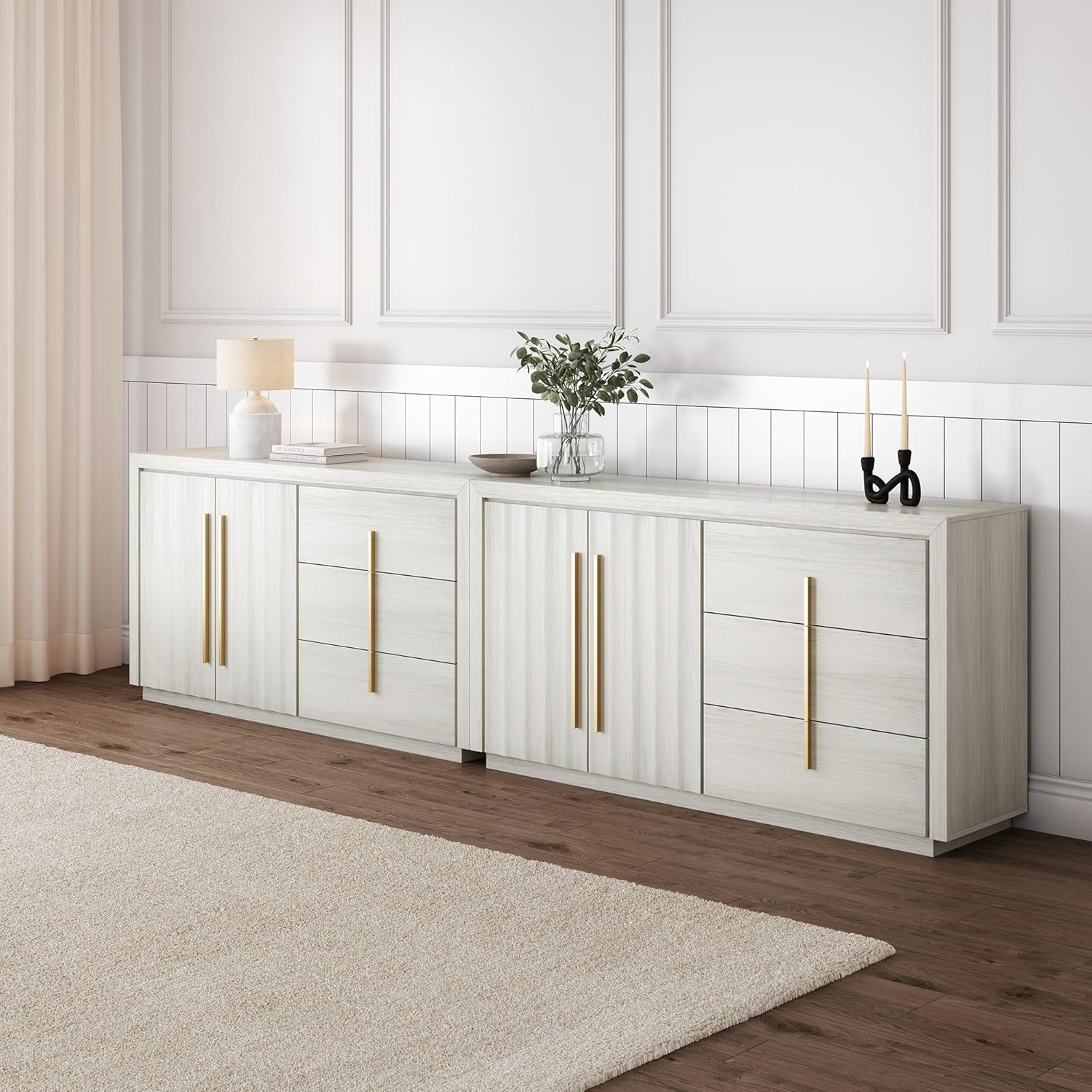 BELLEZE Set of 2 Sideboard Buffet Cabinet, 64” Modern Fluted Door Console Sideboard with 3 Drawers and Adjustable Shelves, Accent Storage Cabinet for Entryway, Living Room, White Sand