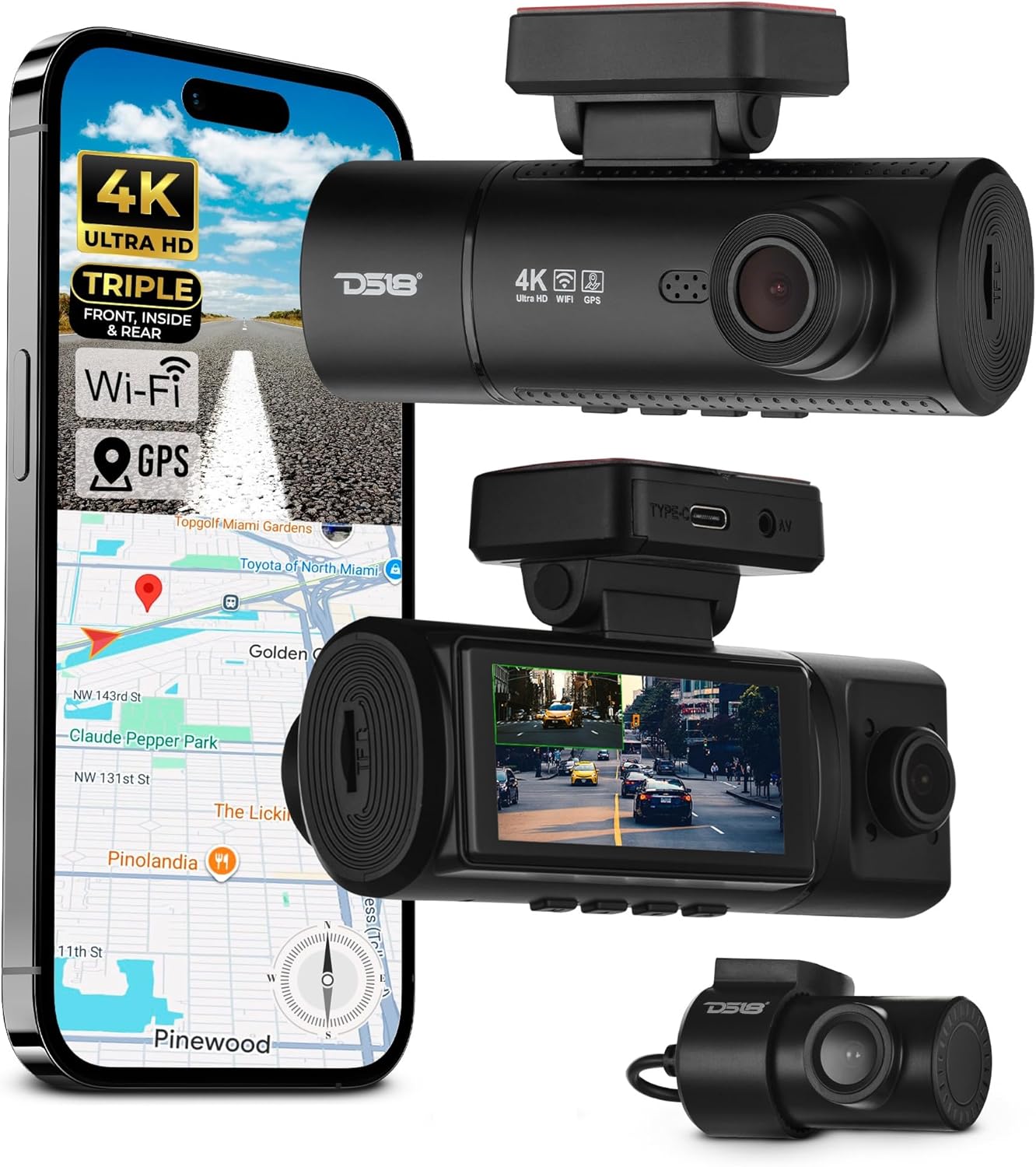 DS18 Eagle-F3 4K Dash Cam Triple Front Cabin and Rear, WiFi GPS Dash Cam with Night Vision, 24/7 Parking Mode, G-Sensor, Loop Recording, Includes 64GB microSD Card