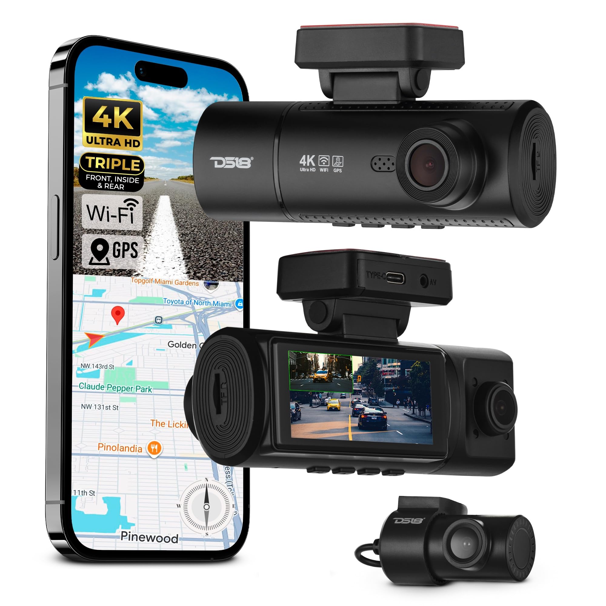DS18 Eagle-F3 4K Dash Cam Triple Front Cabin and Rear WiFi GPS Dash Cam with Night Vision 24