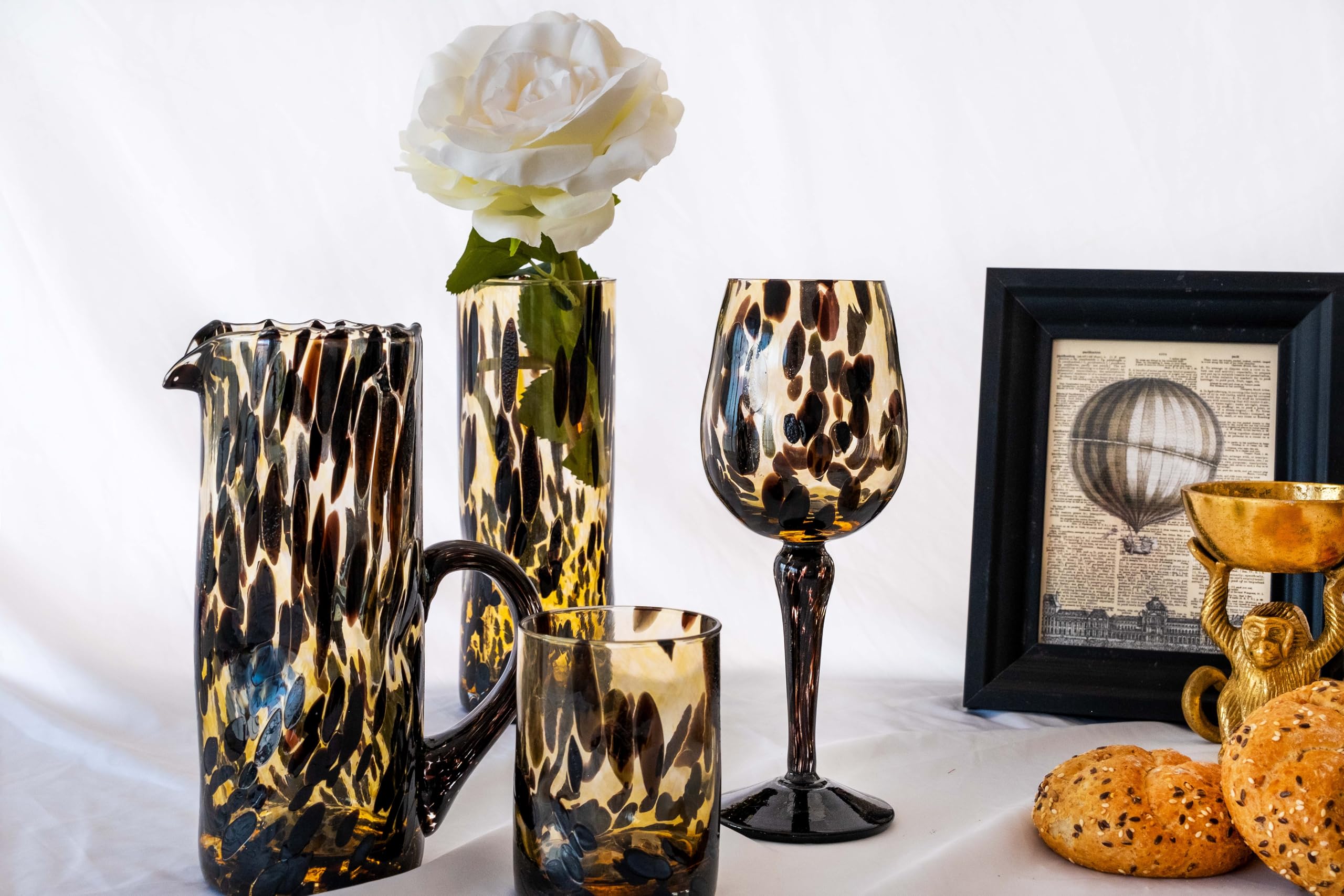 MurArt Set 6 Bicchieri Vetro di Murano Animalier Calici da Acqua B1 Artigianali Fatto a Mano Design Maculato Ispirato al Leopardo Vetro Soffiato Trasparente Tavola Elegante Made in Italy
