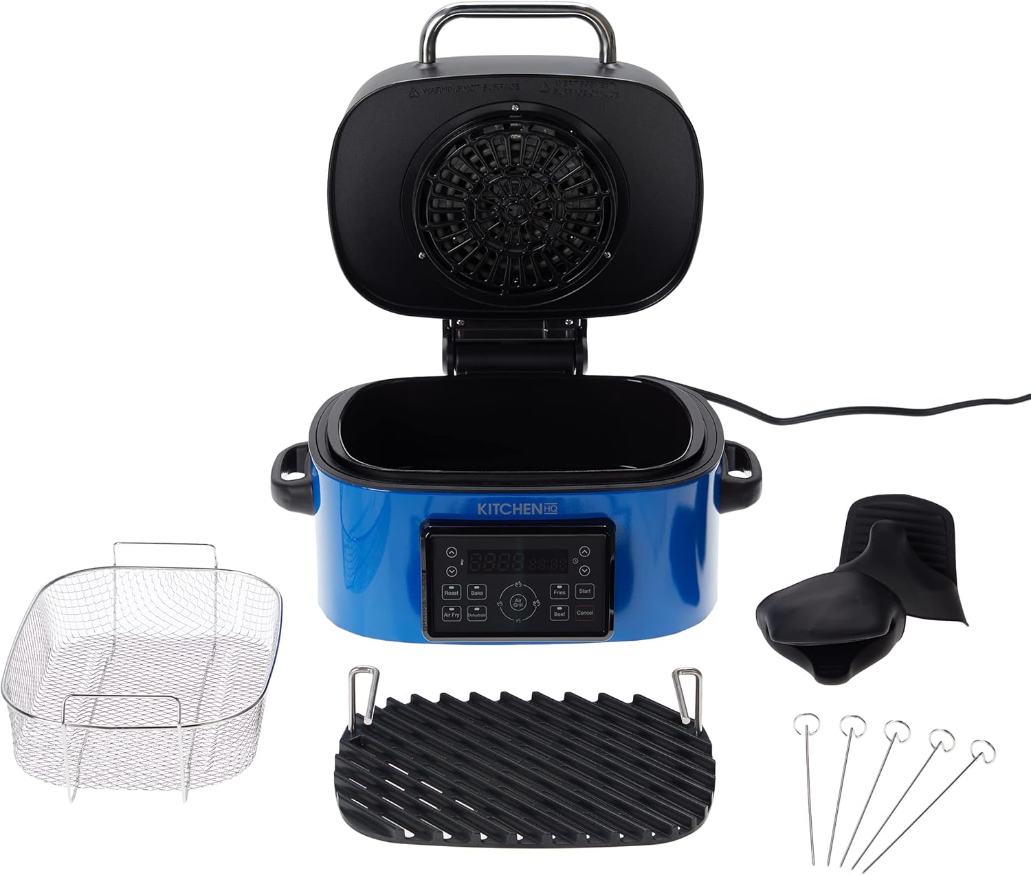 Kitchen HQ Air Fryer Grill with included accessories: air fry basket, grill plate, silicone mitts, and skewers