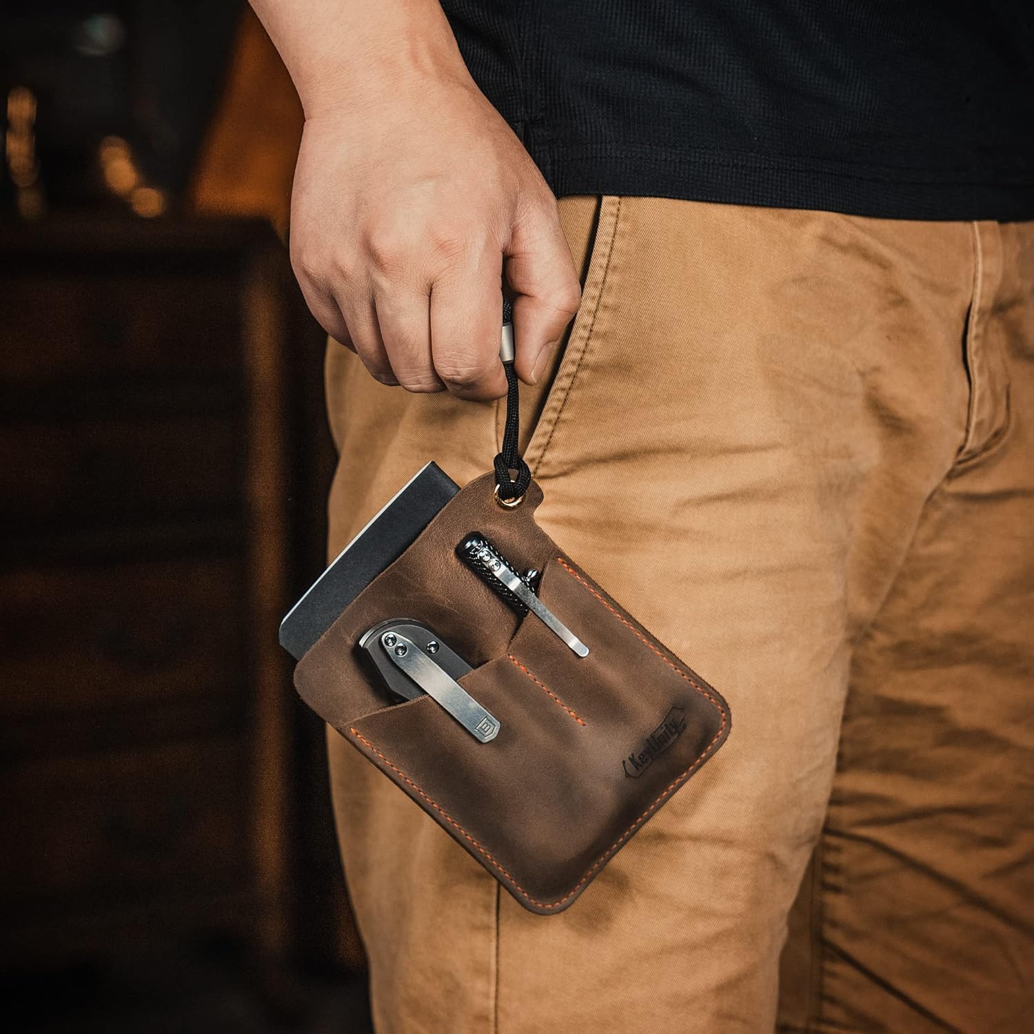 KeyUnity KL01 Leather Pocket Organizer with 3 Pouch, EDC Multitool Sheath for Notebook/Pocket Knife/Flashlights/Pens and Multitool (Brown) - Image 8
