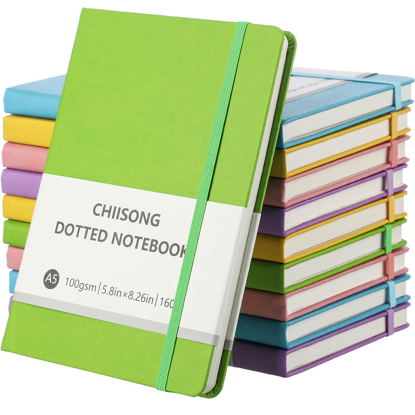 Chiisong Paquete de 10 cuadernos de puntos a granel, cuaderno de cuadrícula de puntos A5 con papel de 100 g/m², diario punteado de tapa dura de cuero con 160 páginas para mujeres y hombres,