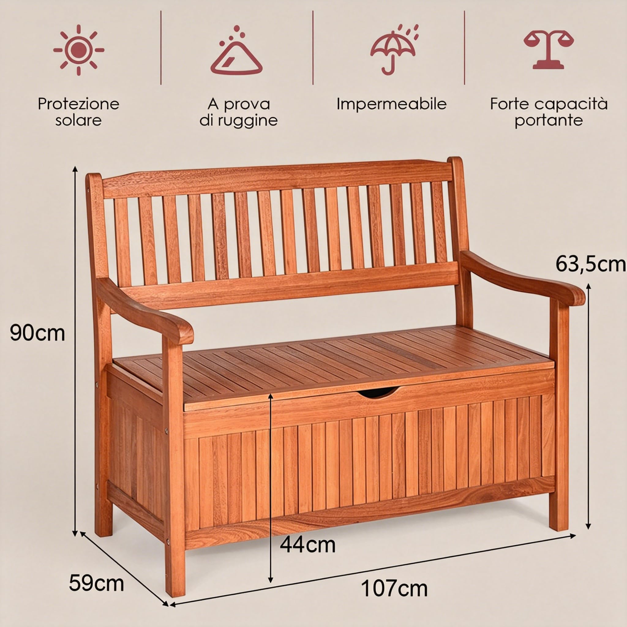 RELAX4LIFE Panchina da Esterno 2 Posti, Panca Contenitore in Legno di Acacia con Cassapanca, Schienale e Braccioli, Strato Interno Impermeabile, Max 360KG per Interno/Giardino (Arancione, 107×59×90cm)