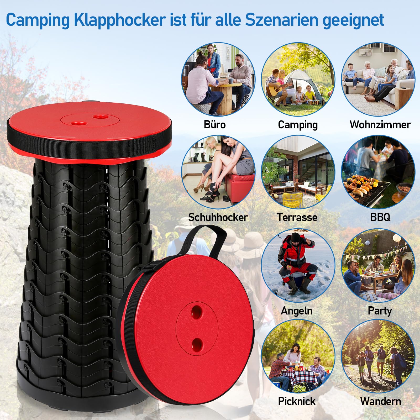 Sgabello telescopico pieghevole portatile da campeggio, regolabile in altezza e stabile, portata fino a 150 kg, compatto per esterni, giardino e viaggi, rosso