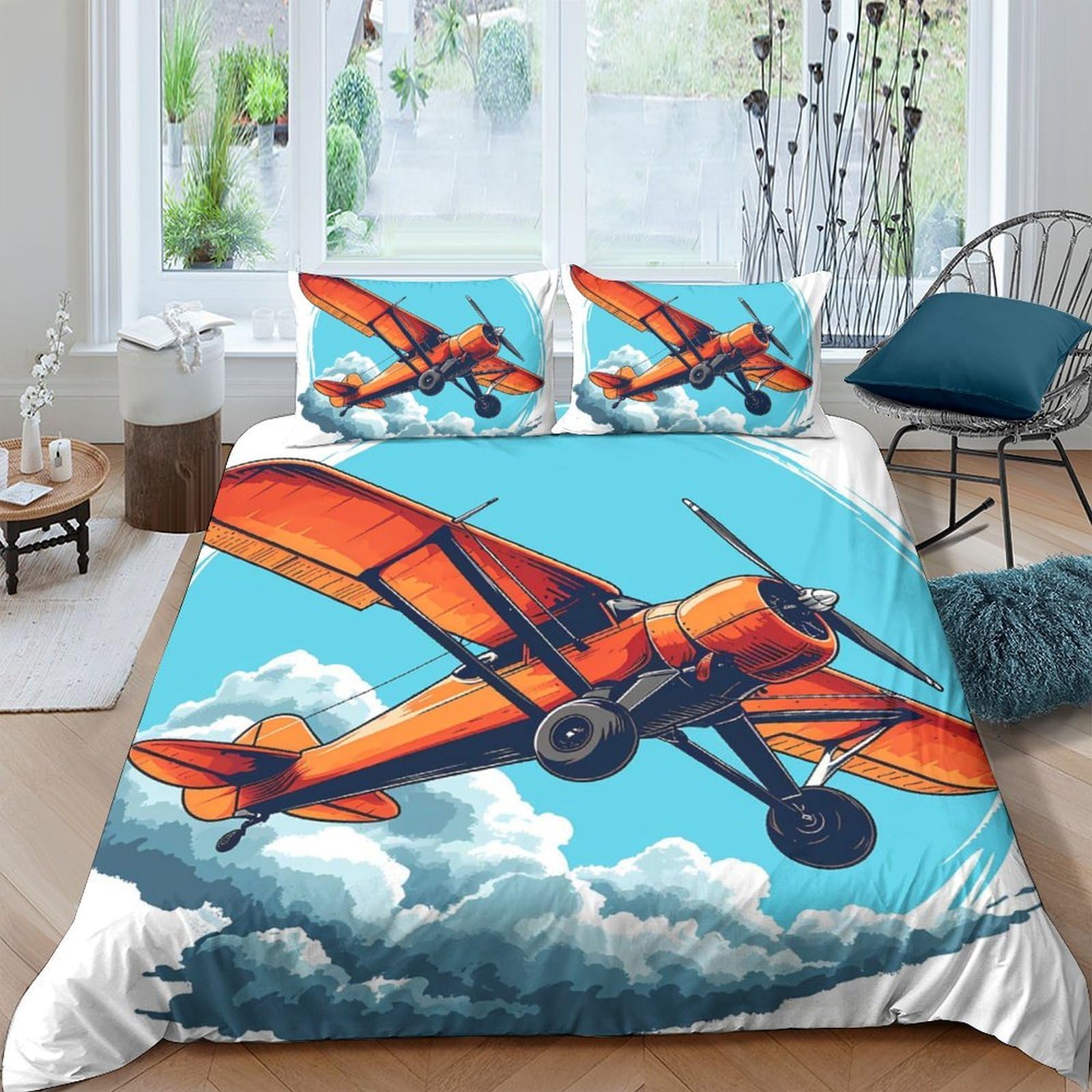 Ctjqhvkz Style-9 3D Printed Orange Airplane Fitted Sheet Microfiber Soft Bed Cover For Bedroom Dorm Mattress Protection Decor Single（135X200cm）