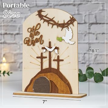 He Is Risen Decor Wooden, Easter Resurrection Scene Empty Tomb, Christian Table Decorations Indoor, Catholic Cross Jesus Religious Easter Gifts Decor For Tiered Tray, Home, Church, Office, Shelf, Desk