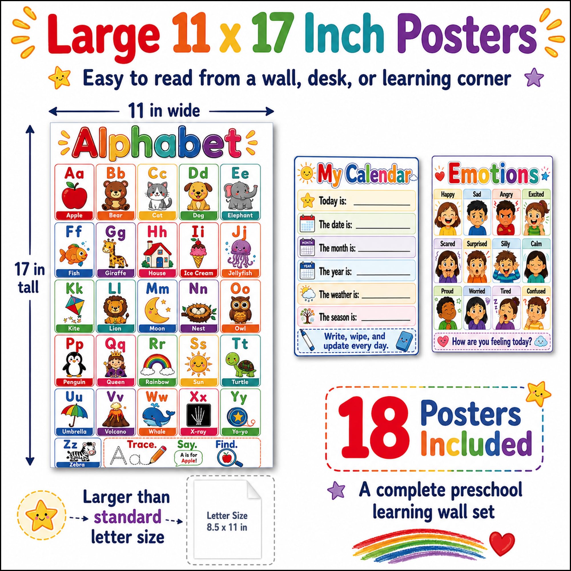 Surligneus Lernposter für Kleinkinder, 18 Poster für Klassenzimmer, Must Haves