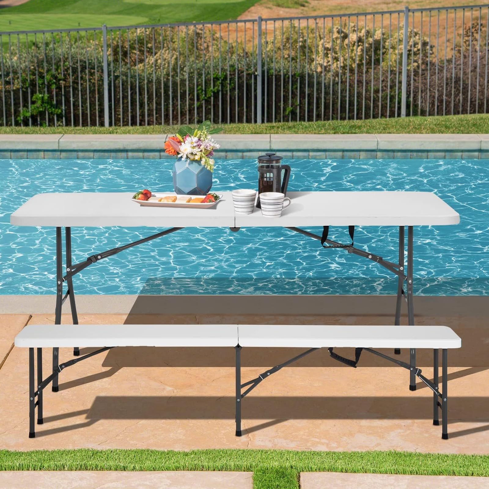 YOEVU Banco Plegable Portátil Multifuncional, Plástico HDPE, 183x28x43cm, Capacidad 300kg, para Jardín Exterior Camping y Patio, Moderno, Blanco