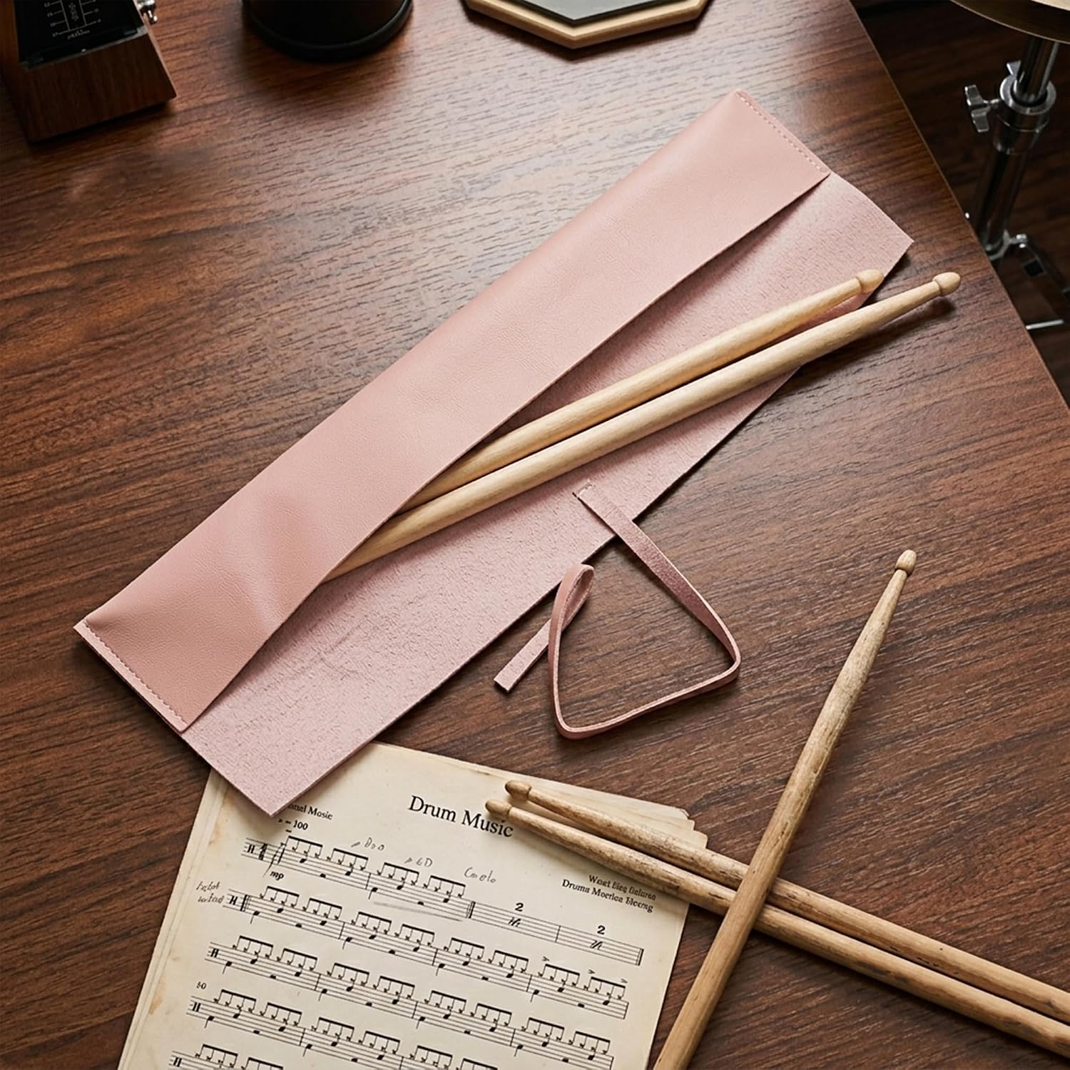 Drum Stick Bag, Vegan Leather Drumstick Storage Holder with Fixing Strap, Portable Drumstick Organizer Sleeve for Drum Accessories, Pink, 17 x 2.8 Inches image 3