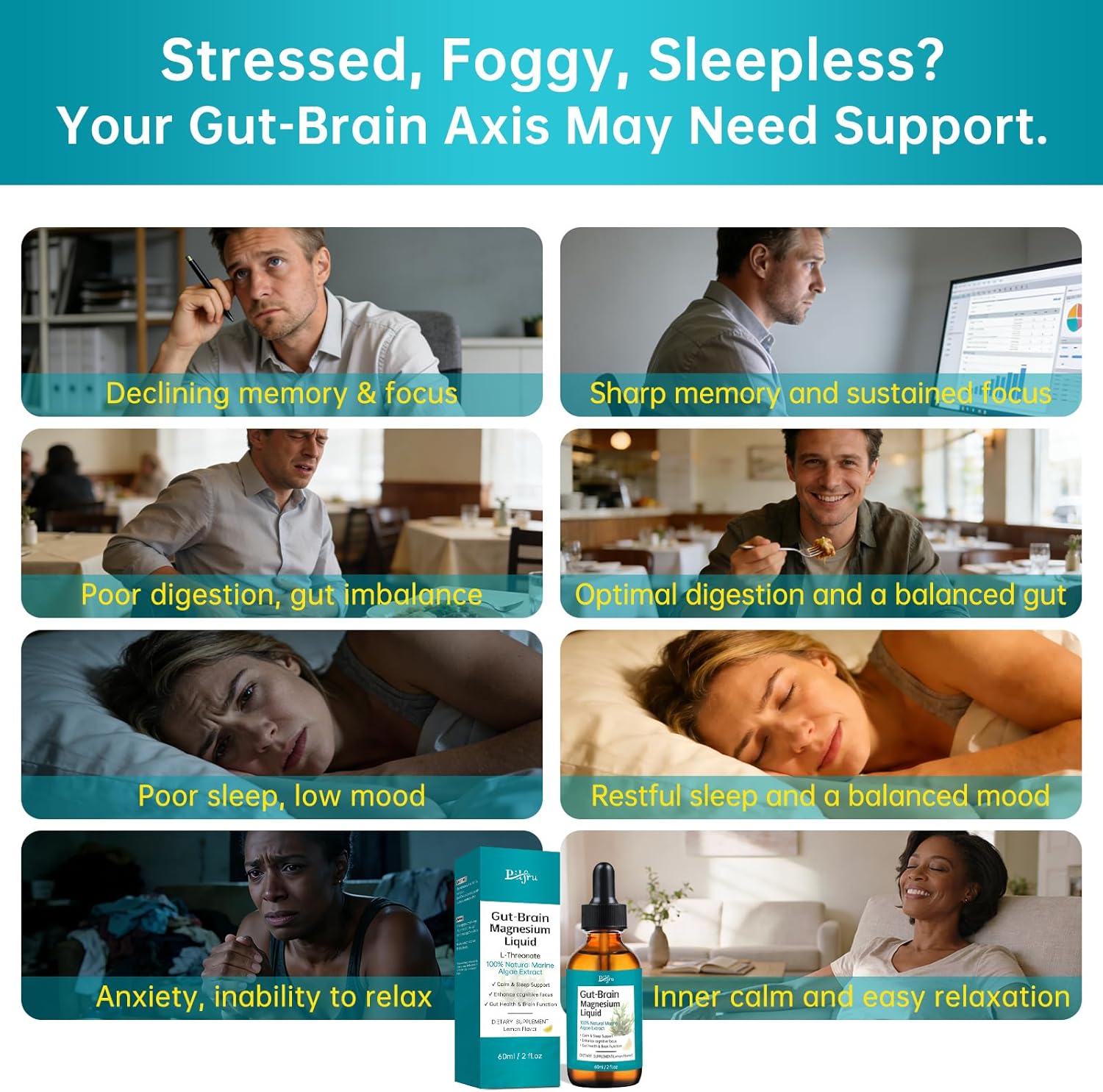 Magnesium L-Threonate Liquid Drops-Magnesium drops Supports Calm Sleep,Cognitive Focus & Gut-Brain Health-Adult-Friendly Magnesium Threonate 1200mg 100% Natural Extract,Vegan Non-GMO 60ml Lemon Flavor - Image 3