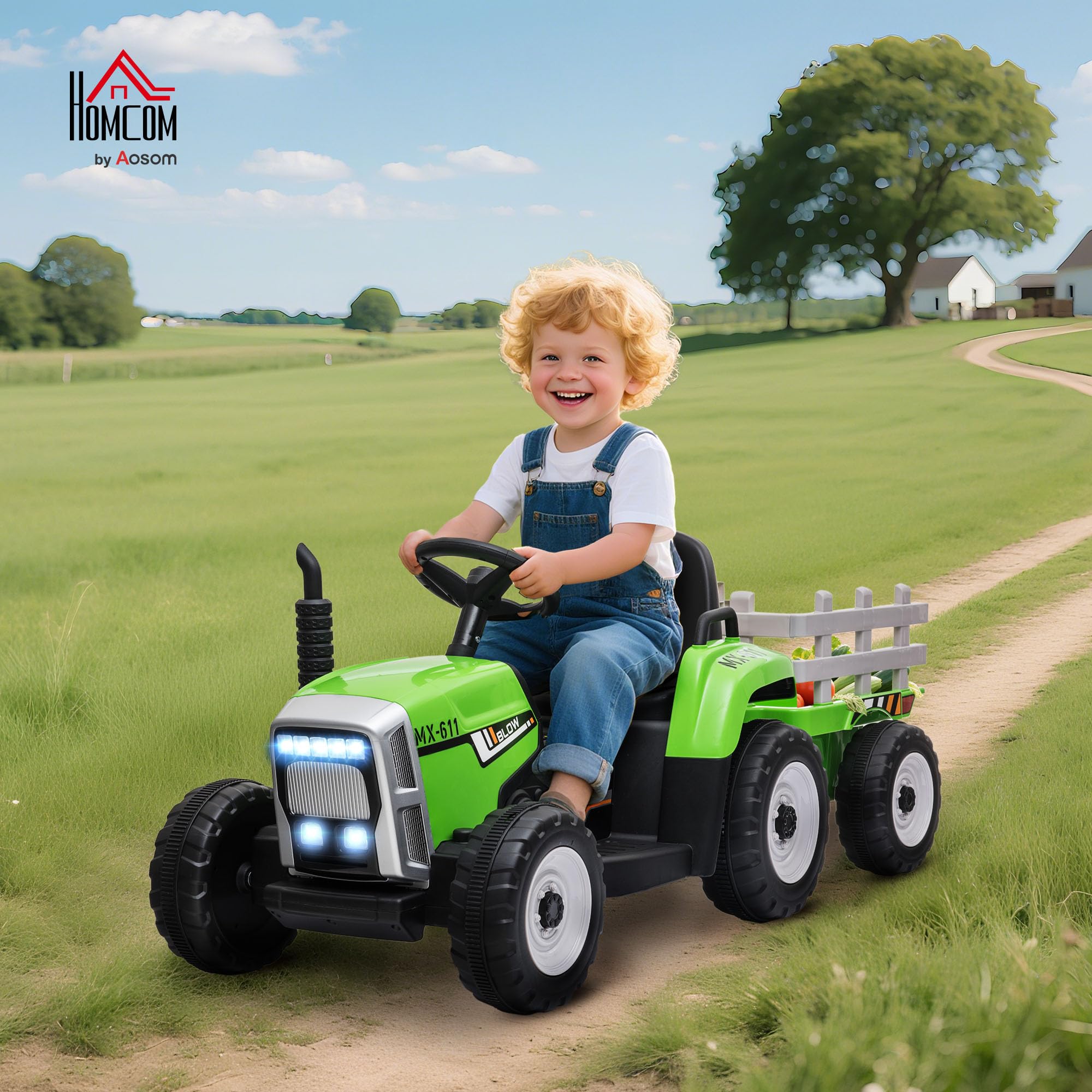 HOMCOM Tracteur électrique avec remorque Amovible, Voiture électrique Enfants de 3 à 6 Ans avec télécommande MP3 Musique Affichage lumières et Ceinture de sécurité, 12V 3-6 km/h, Vert