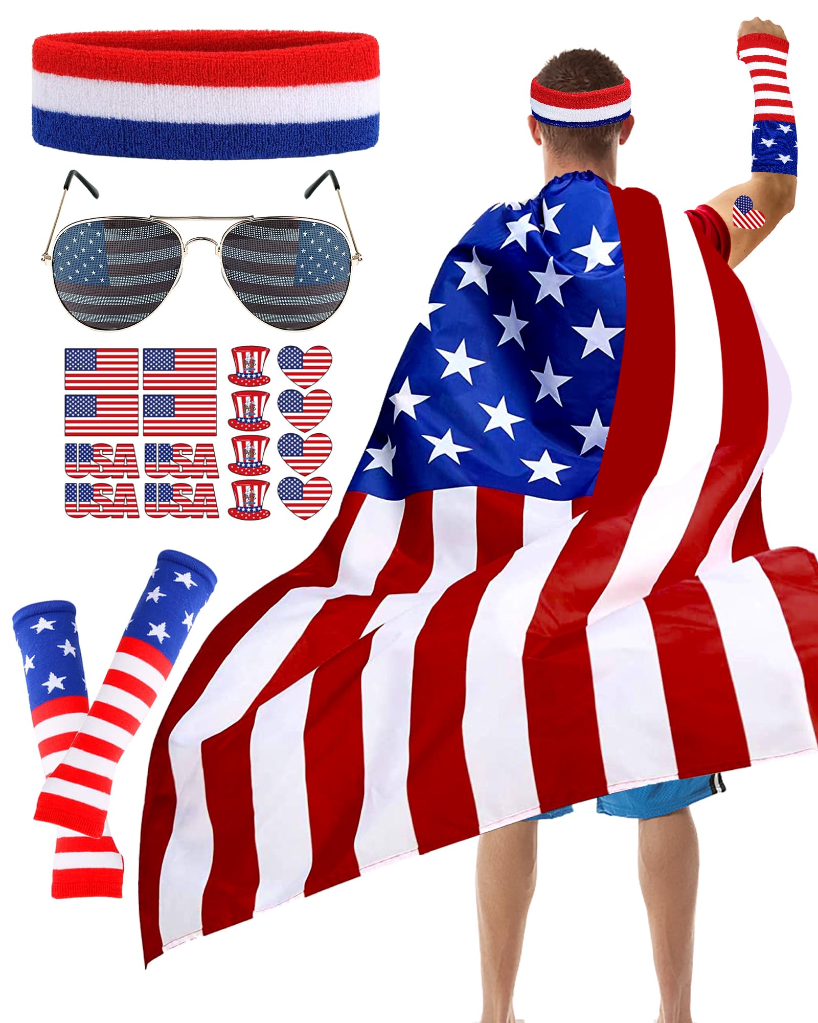 5PCS 4th of July American Flag Cape Set - Red White & Blue Patriotic Costumes for Kids & Adults, Independence Day & Flag Day Accessories