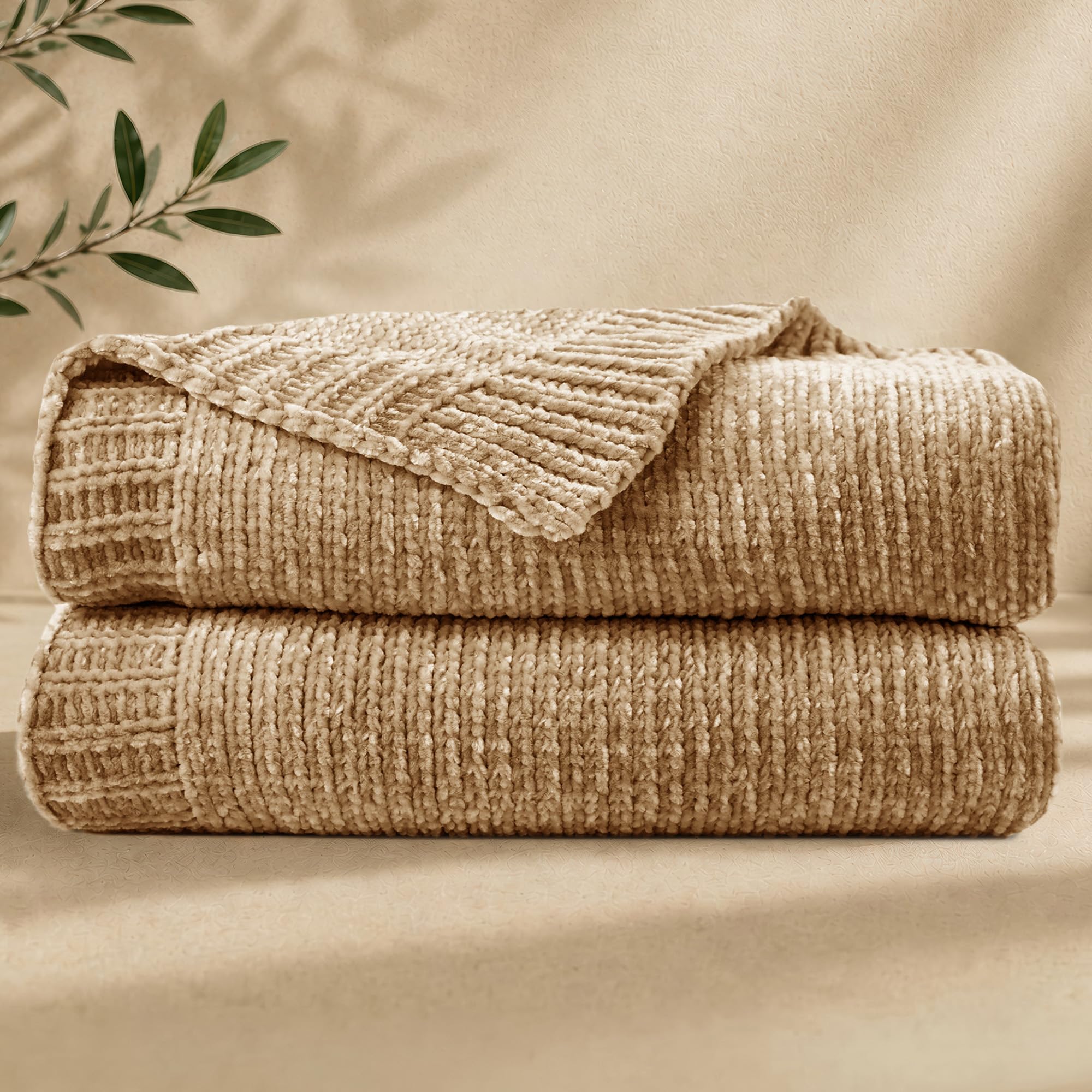 Photo 1 of blunique Chenille Throw Blanket for Couch, Cozy Soft Blanket Lightweight Decorative Throw for Living Room Sofa Chair, Stylish Home Decor, Ideal for Gifting, Khaki 50"x60"