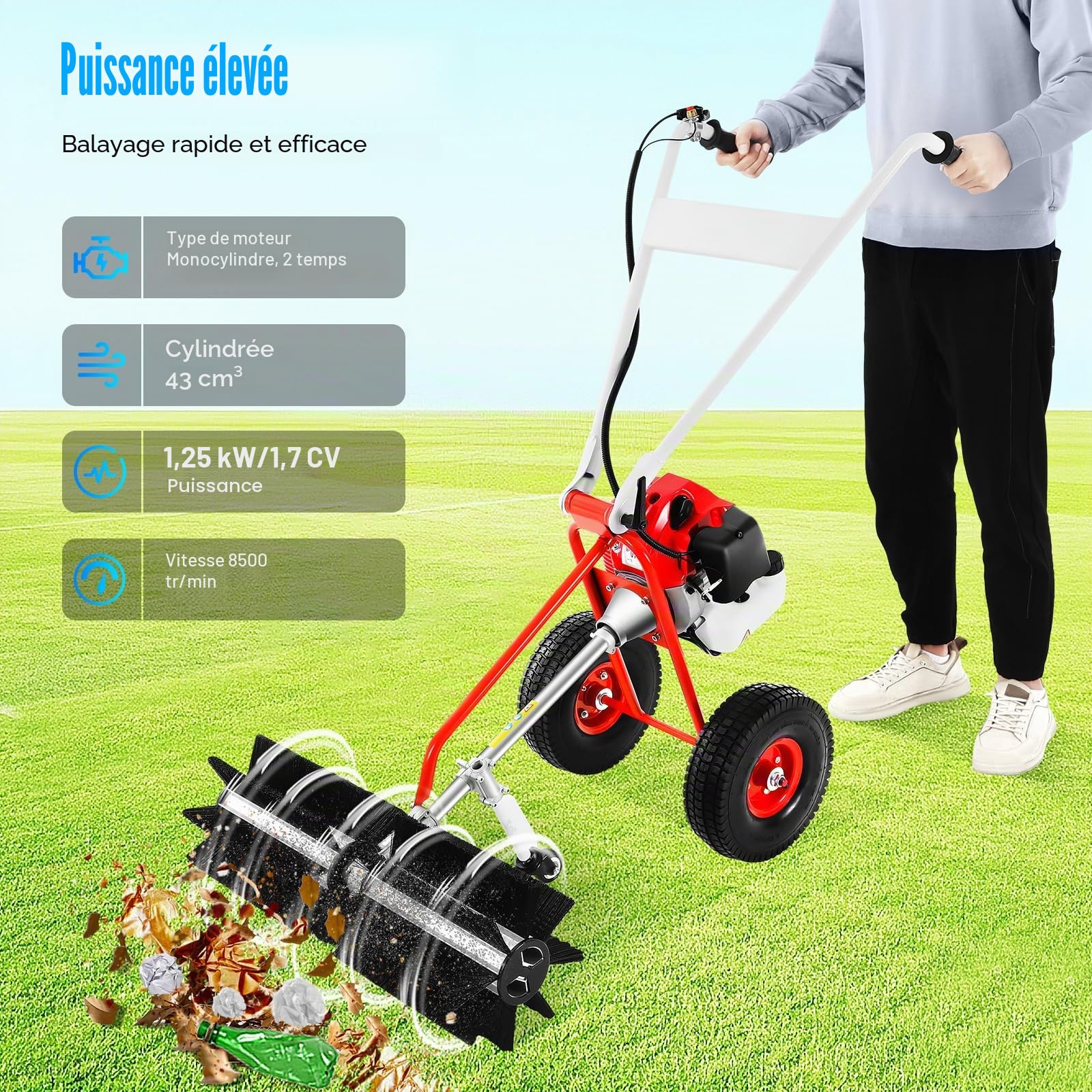 43CC Balayeuse à essence, 1,7 HP, manuelle, avec roues, largeur de brosse de 60 cm, 2 temps, pour jardin, herbe extérieure, routes