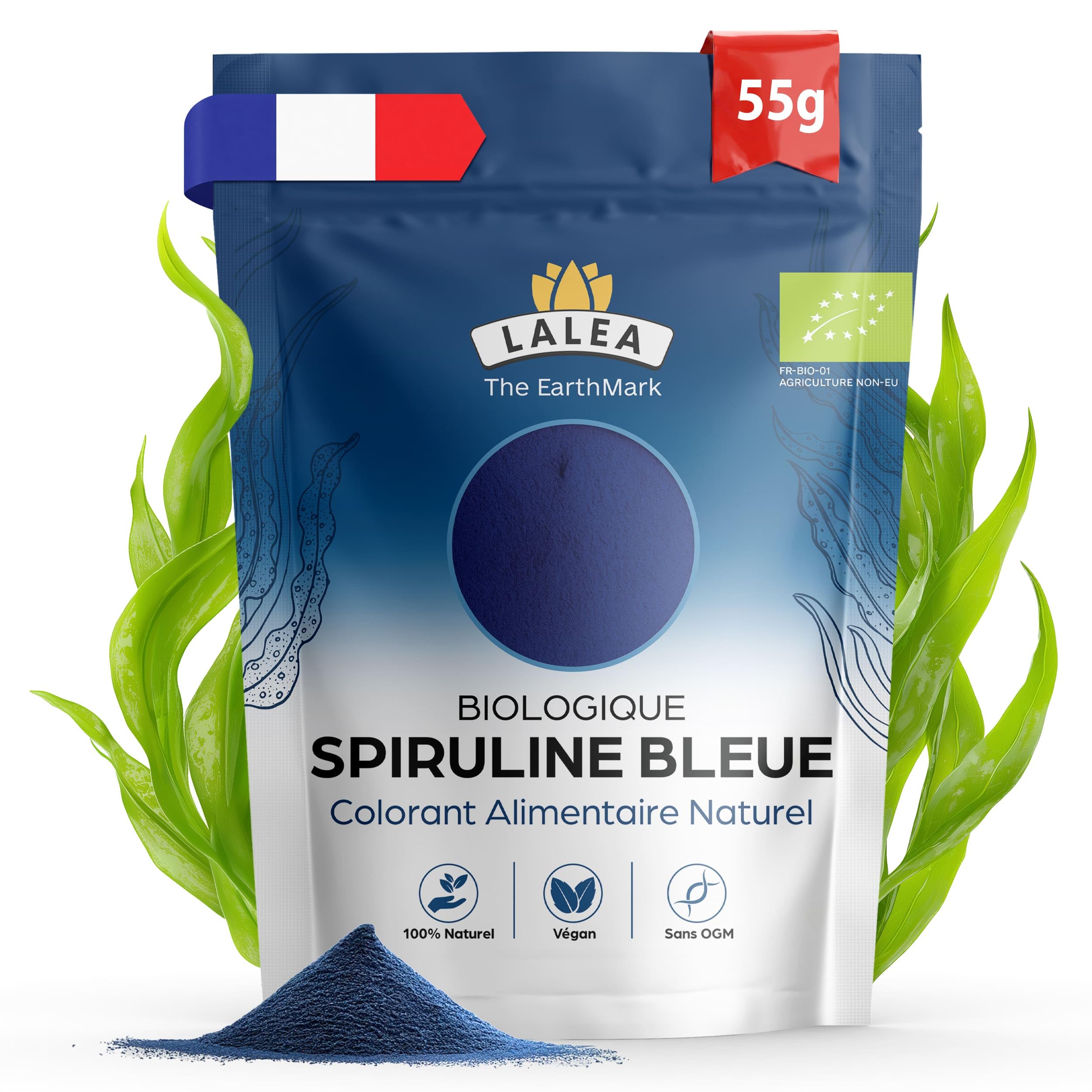 LALEA Spiruline Bleue BIO en Poudre 55g – Phycocyanine Bleue Pure Bio – Colorant Alimentaire Poudre Bleu Naturel (E18) – Spiruline Bleu Poudre pour Smoothies, Pâtisserie, Boissons & Desserts