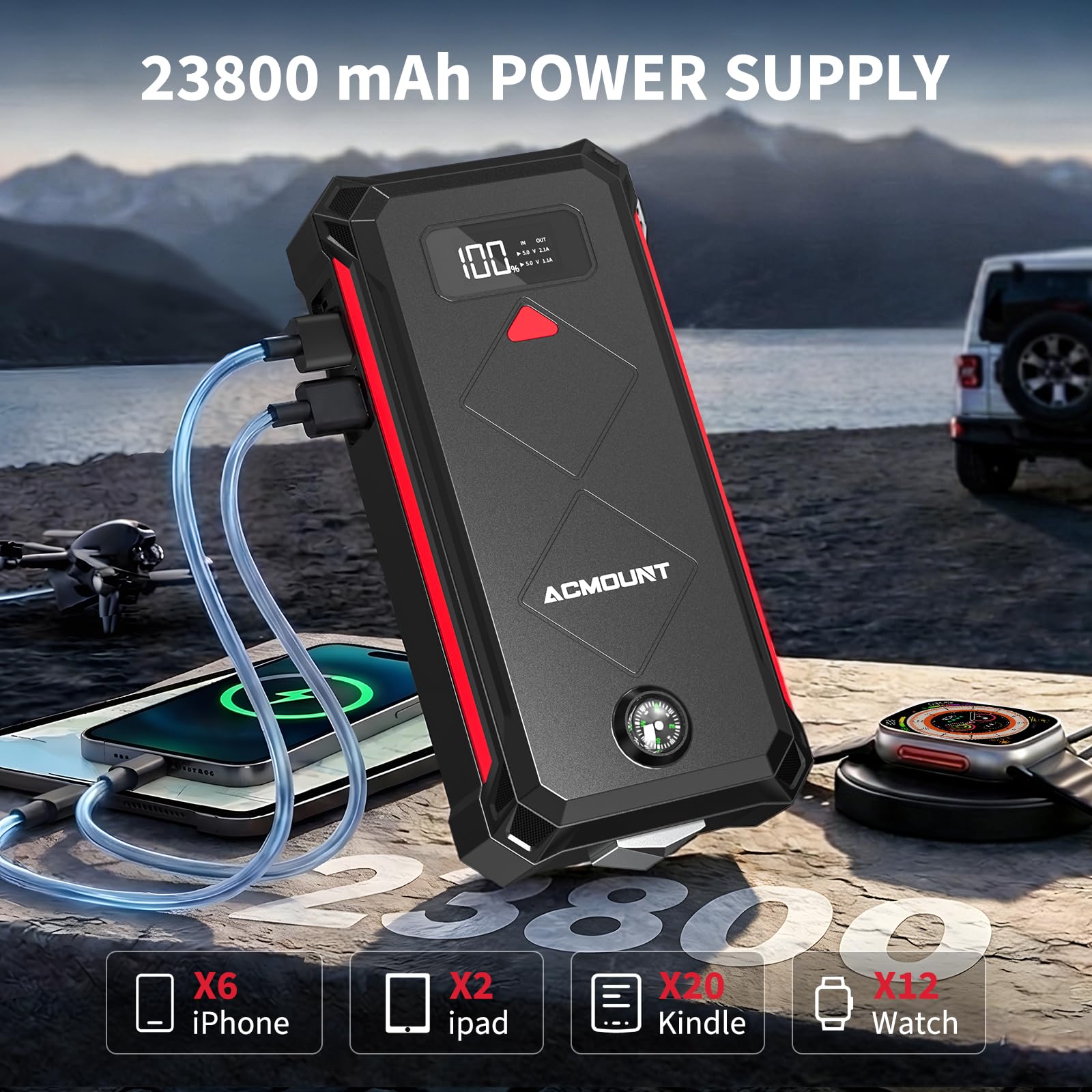 Arrancador de Coches 7000A, Arrancador de Baterias de Coche Booster Bateria 12V (hasta 12L Gasolina y 10L Diésel) con Pantalla LCD, Linterna LED de 600 Lúmenes
