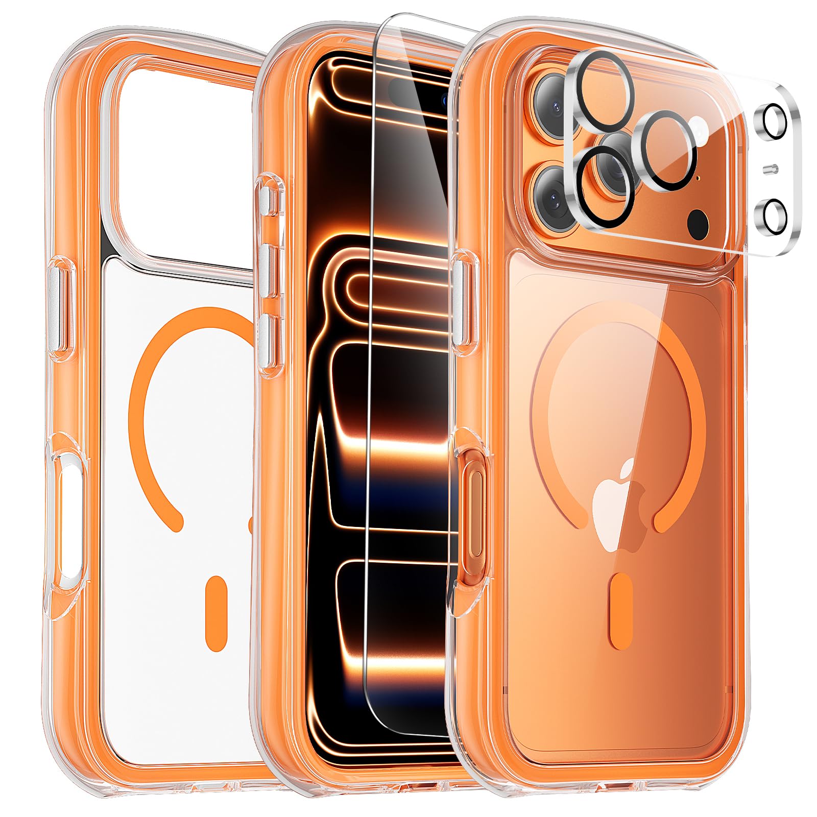 3-in-1 Air for Heavy Duty iPhone 17 Pro Max Case with Screen Protector & Camera Lens Protector,[Fits MagSafe][Military-Grade Protection] [Built-in Airbag] Shockproof Case for 17 Pro Max(Clear-Orange)