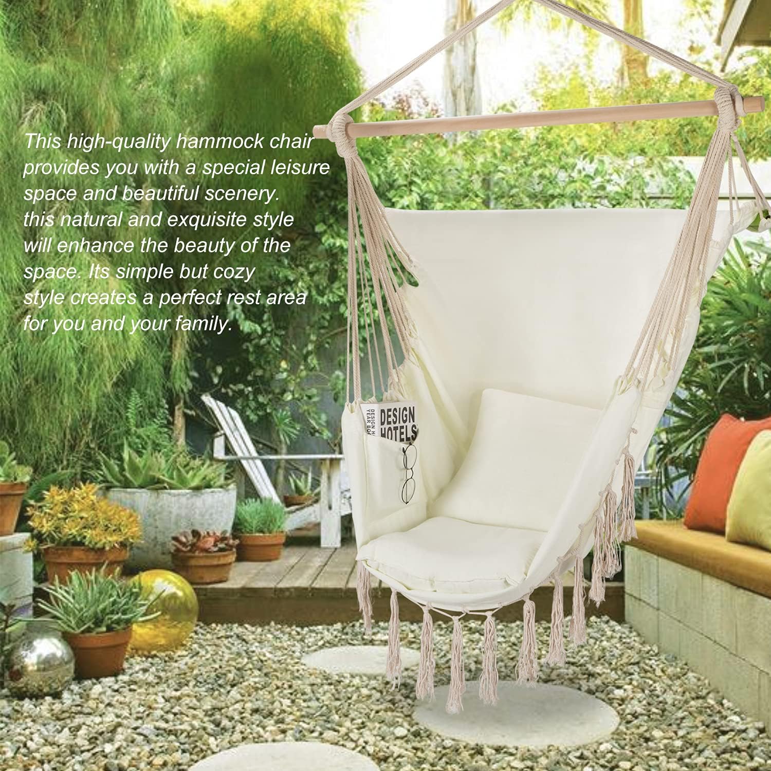 Homchwell Hammock Chair Hanging Rope Swing with Hanging Hardware Kit,Include Carry Bag & Two Seat Cushions, for Patio Bedroom or Tree,Max. Weight 330 Lbs (Beige)