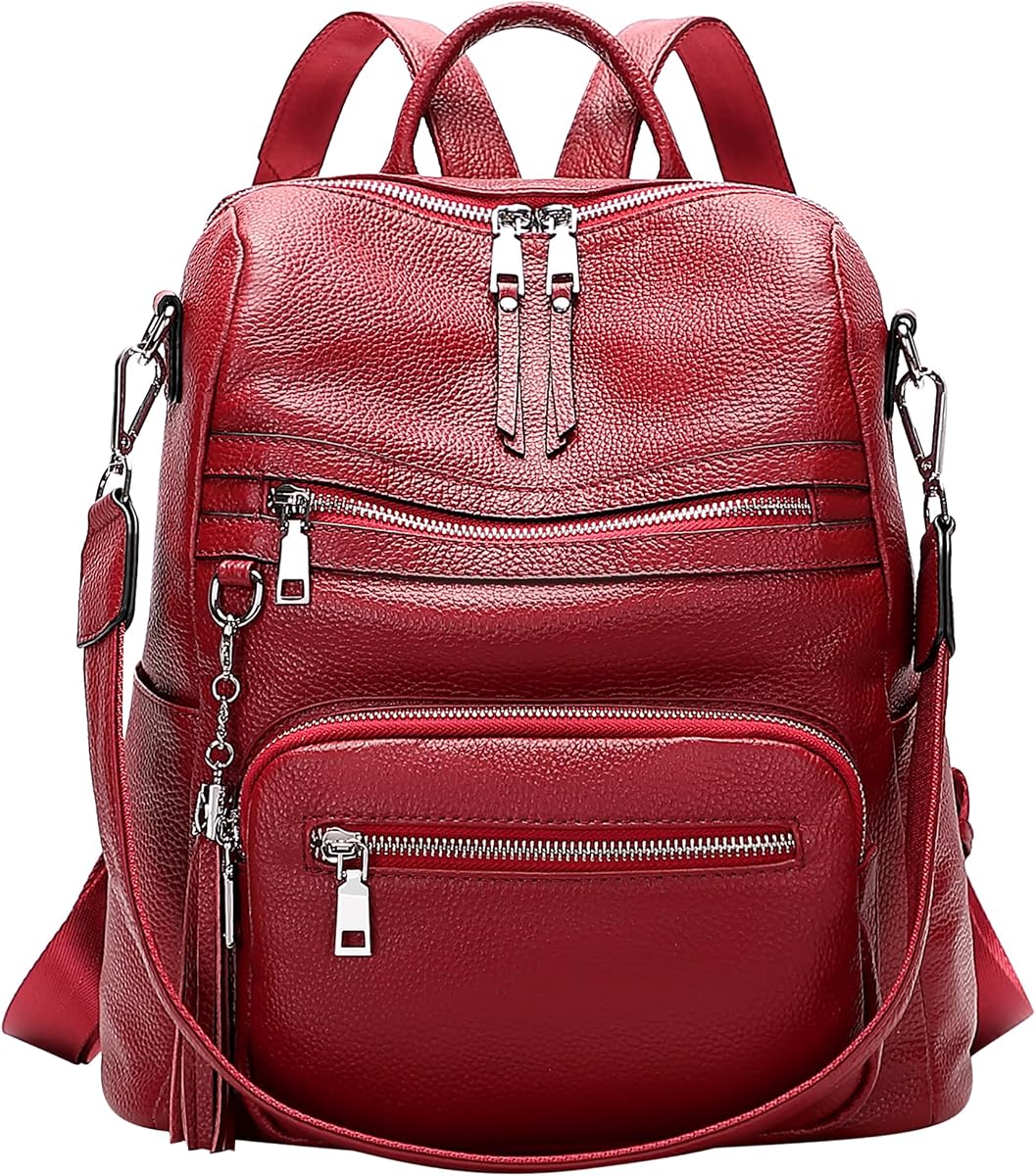 Genuine Leather Backpack for Women Soft Large Shoulder Bag | Fits 11" ipad, Multi-pockets, Large Capacity Casual Shoulder Daypack for Daily Use, Travel, Commute, S106 Red