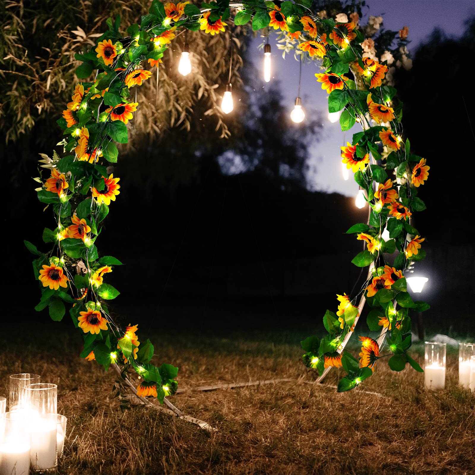 Ghirlanda di girasole artificiale da 10 m con 120 LED con viti finte a forma di girasole in seta, con luci a LED da 12 m, per parete, matrimonio, camera da letto, giardino, feste, confezione da 8