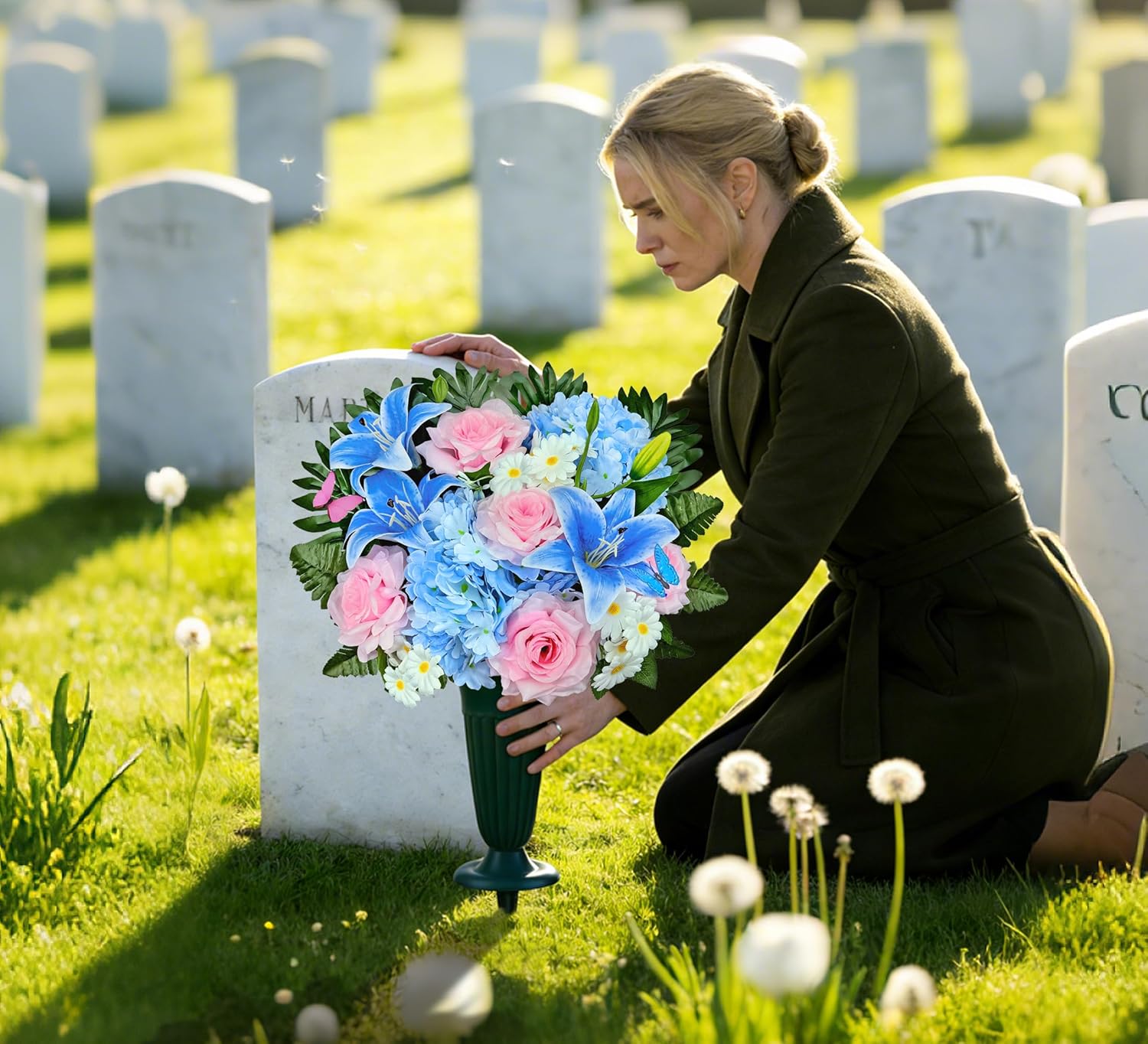 Artificial Cemetery Flowers,Memorial Flowers,Beautiful Arrangements for Headstones,Silk Hibiscus Rose Berries